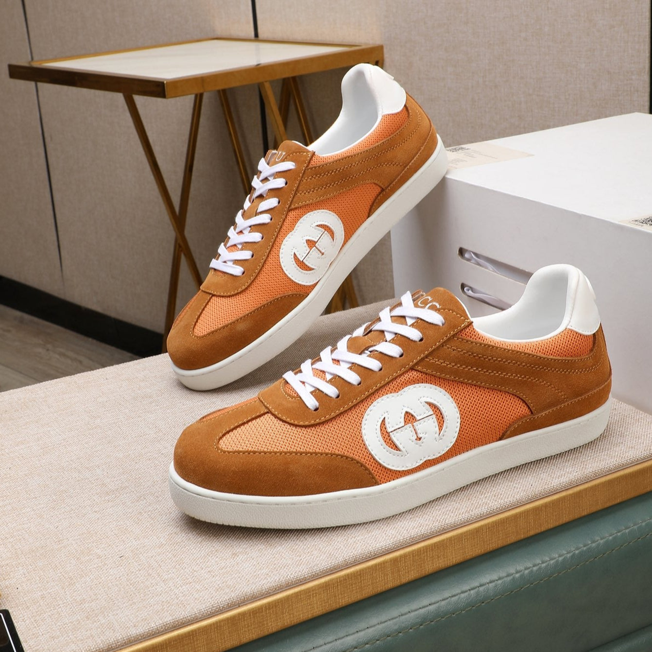 GG Men's G75 Sneaker Brown Orange Mesh Suede 477881