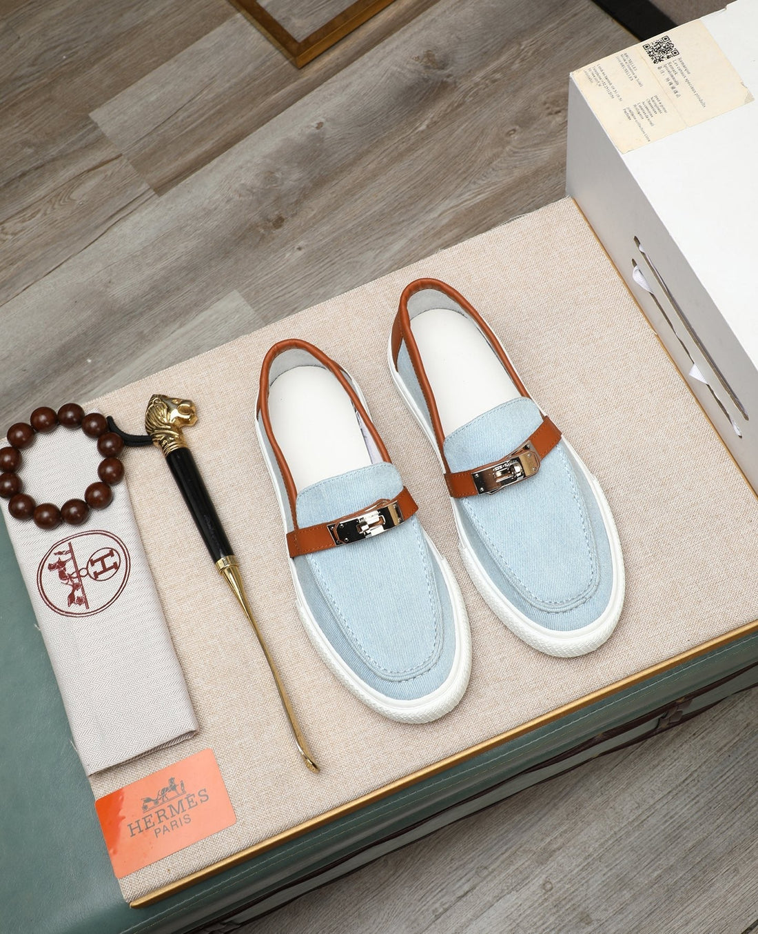 HM Men's Game Slip-on Blue Brown Denim Cowhide 712266