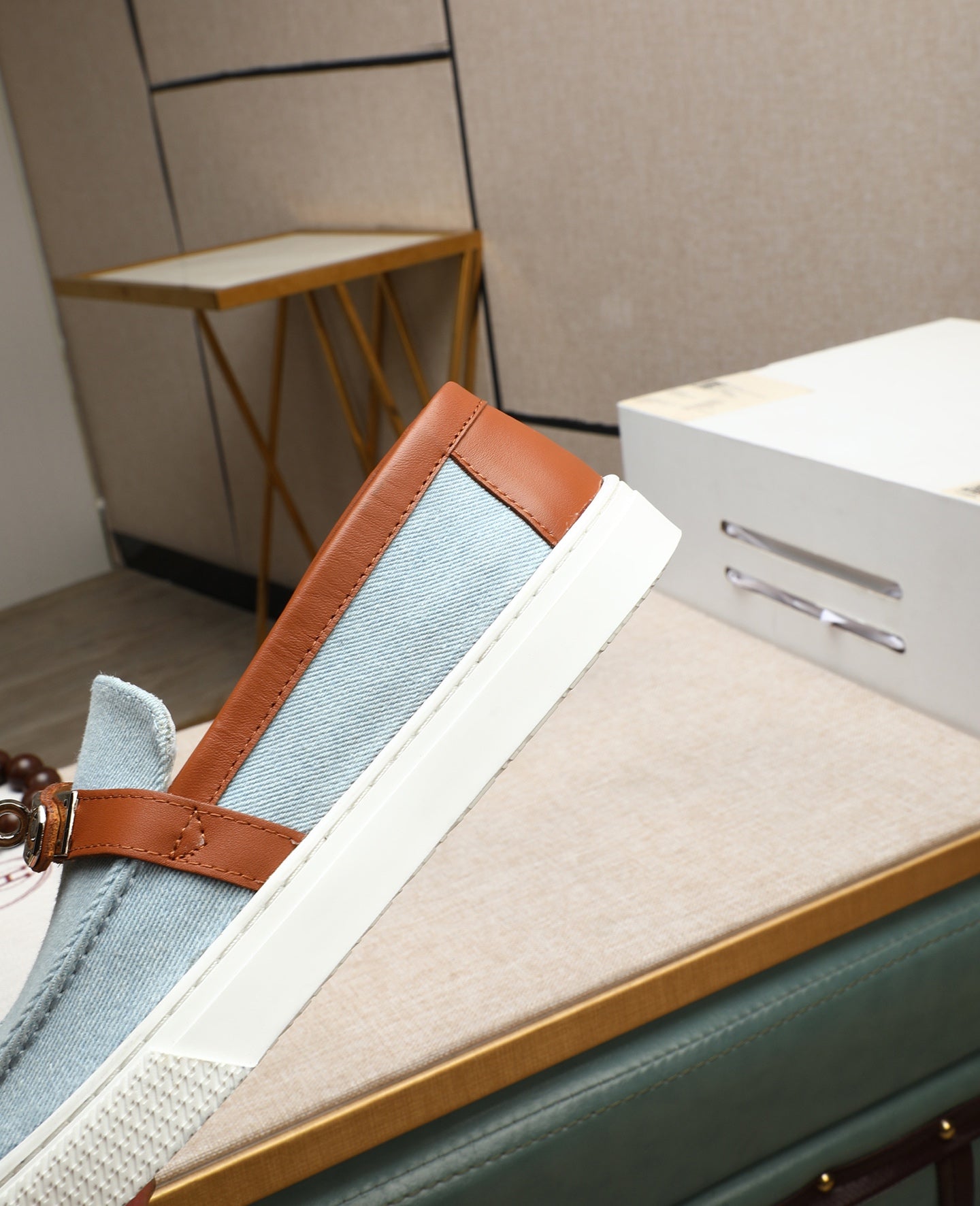 HM Men's Game Slip-on Blue Brown Denim Cowhide 712266