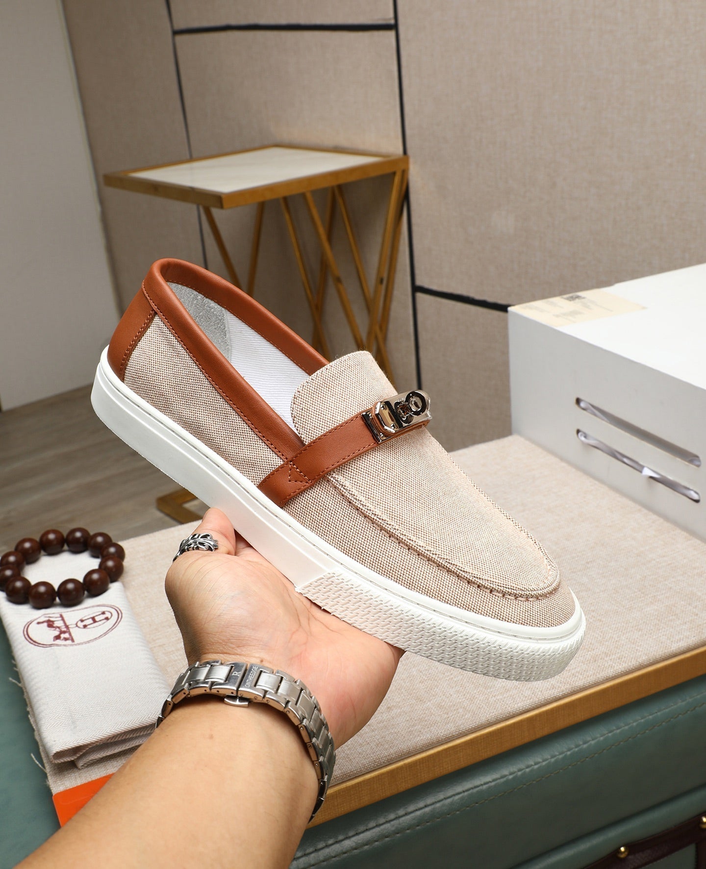 HM Men's Game Slip-on Beige Brown Denim Cowhide 712267