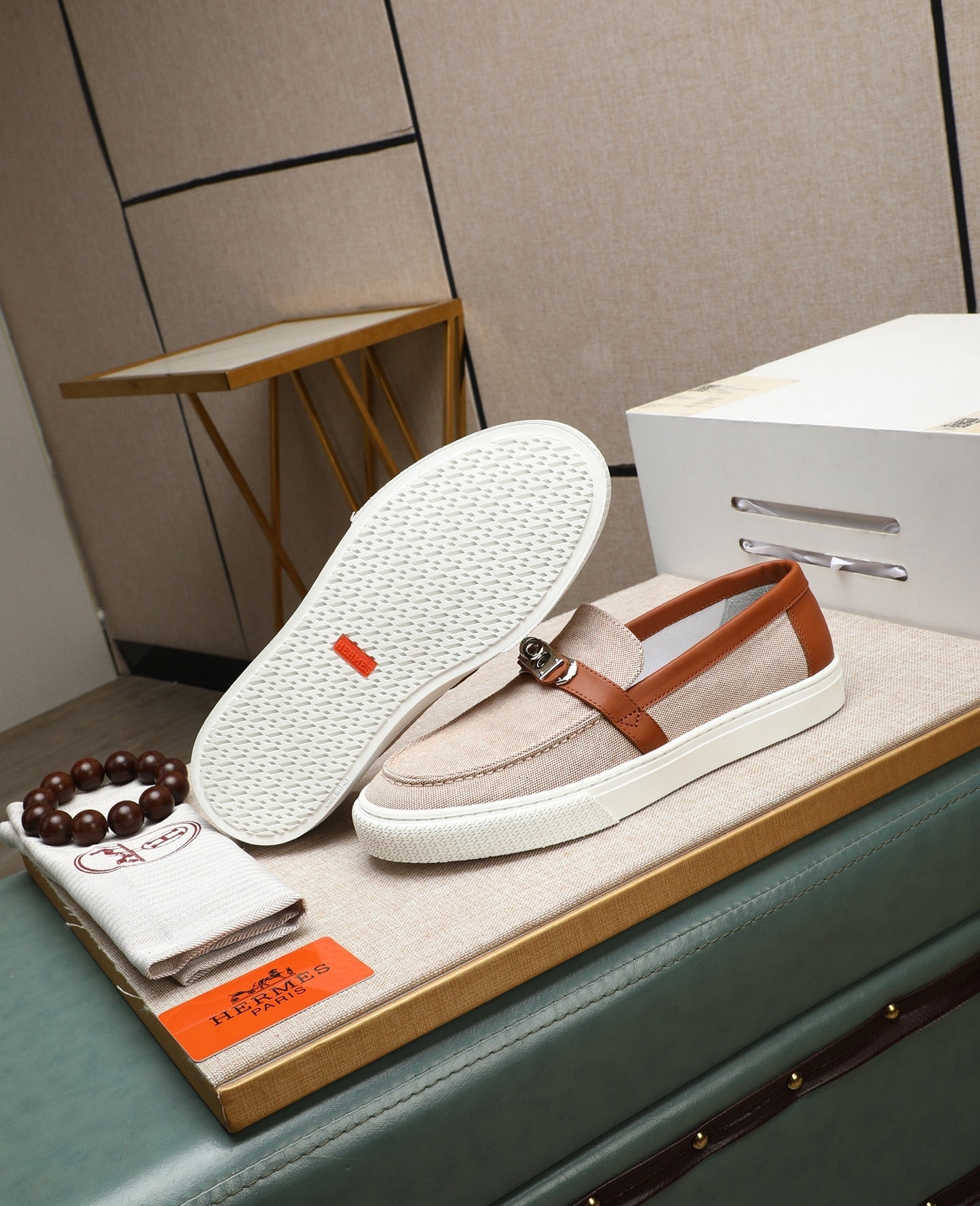 HM Men's Game Slip-on Beige Brown Denim Cowhide 712267