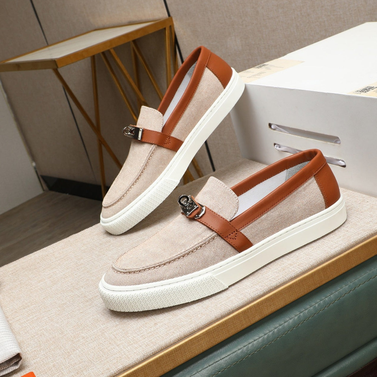 HM Men's Game Slip-on Beige Brown Denim Cowhide 712267