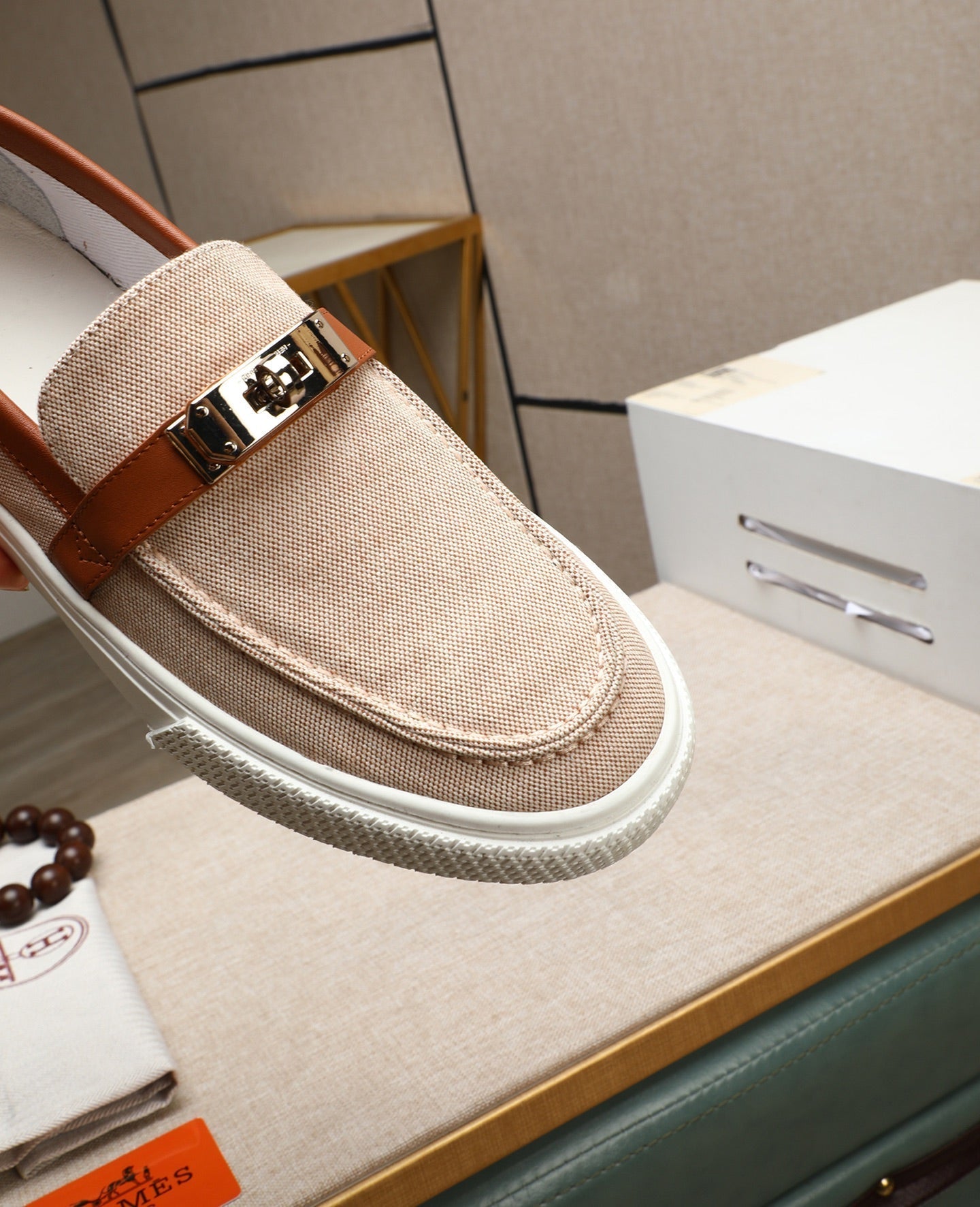 HM Men's Game Slip-on Beige Brown Denim Cowhide 712267