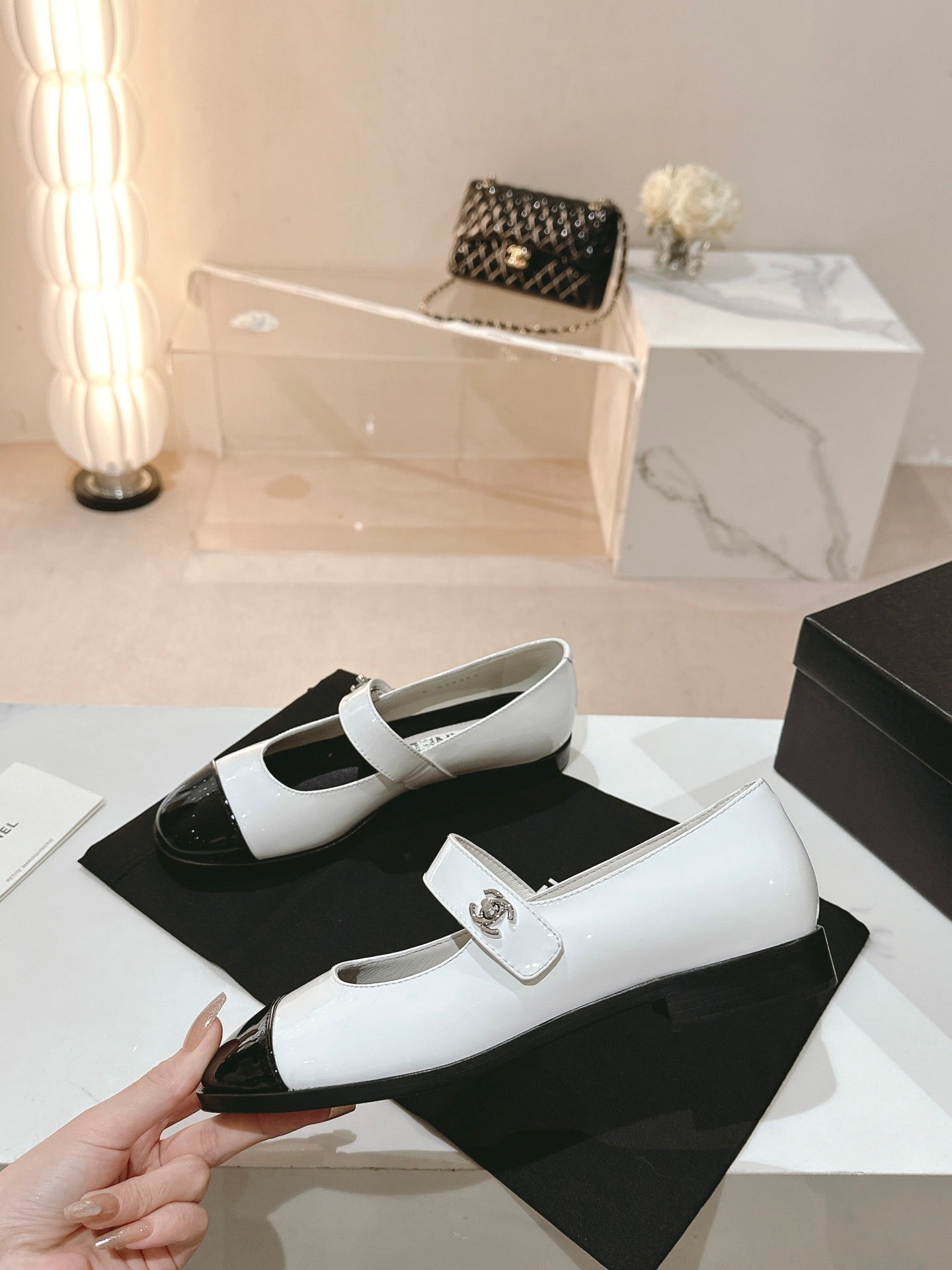 mary jane flat white black patent calfskin