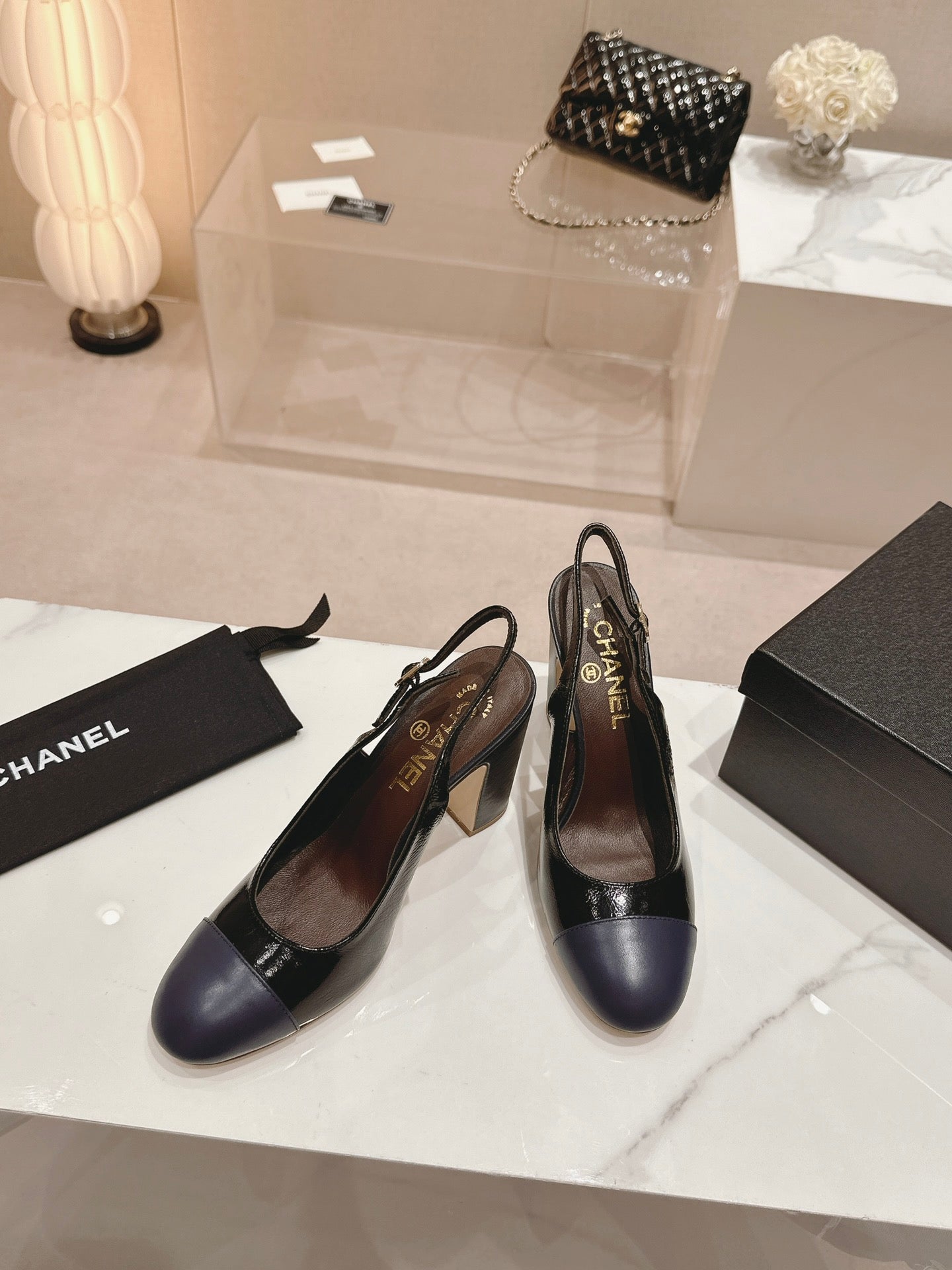 CC 24P SLINGBACKS 95MM BLACK NAVY LAMBSKIN