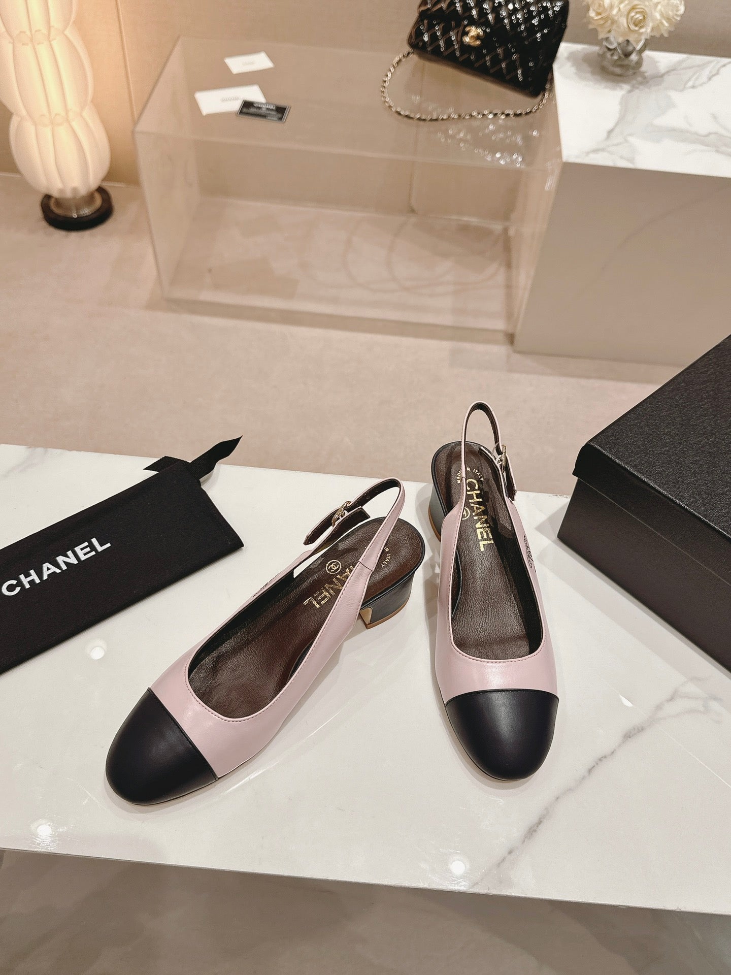 CC 24P SLINGBACKS 45MM PINK BLACK LAMBSKIN