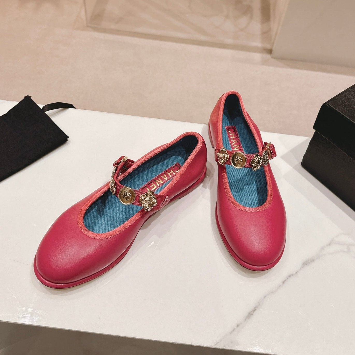 CC MARY JANES DARK RED CALFSKIN LIGHT GOLD METALIC