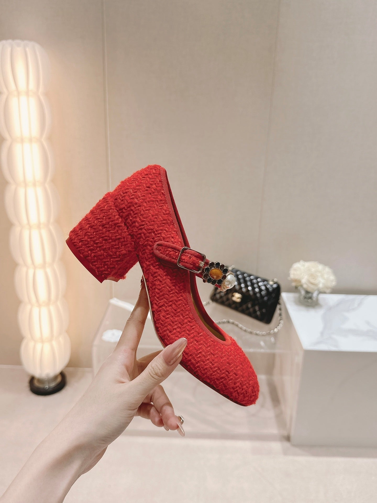 MARY JANE SHOES RED PINK WOOL TWEED