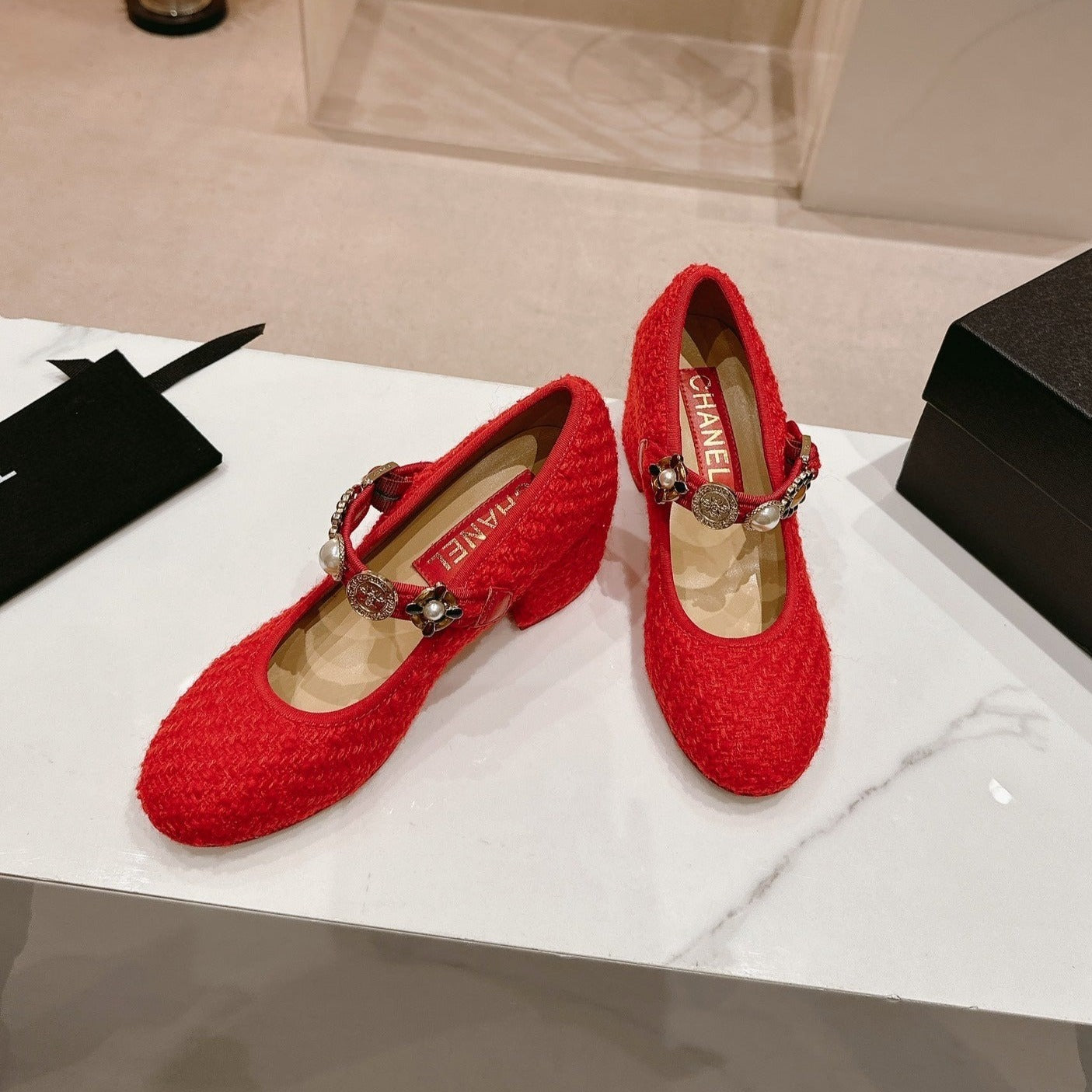 MARY JANE SHOES RED PINK WOOL TWEED