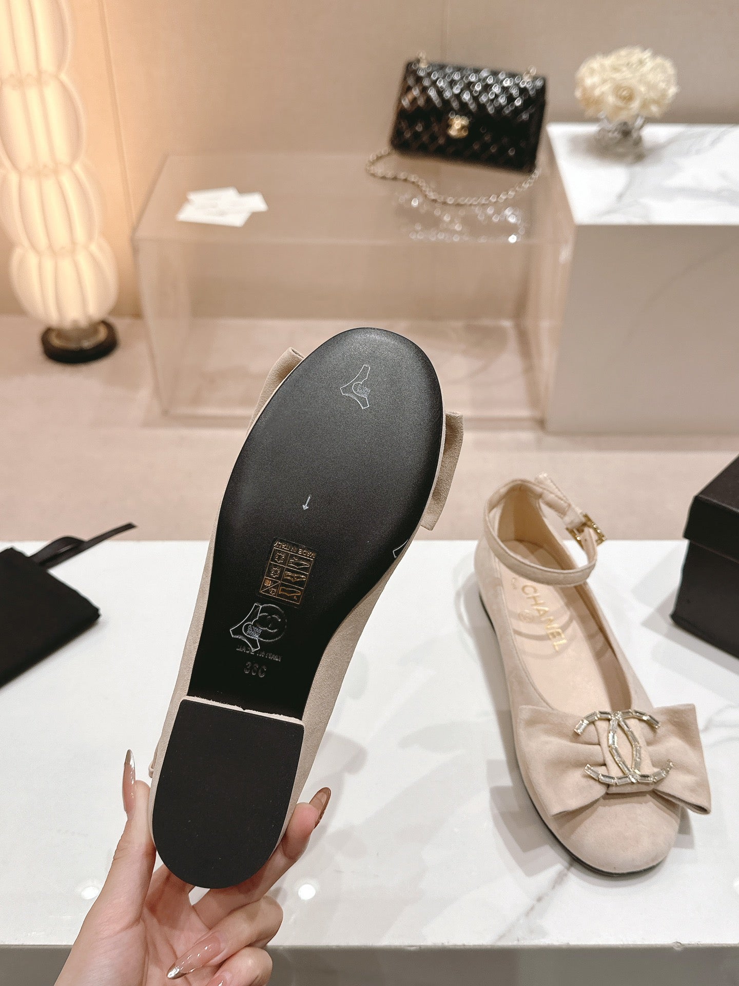 CC Mary Jane Beige Bow Tie Velvet And Lambskin