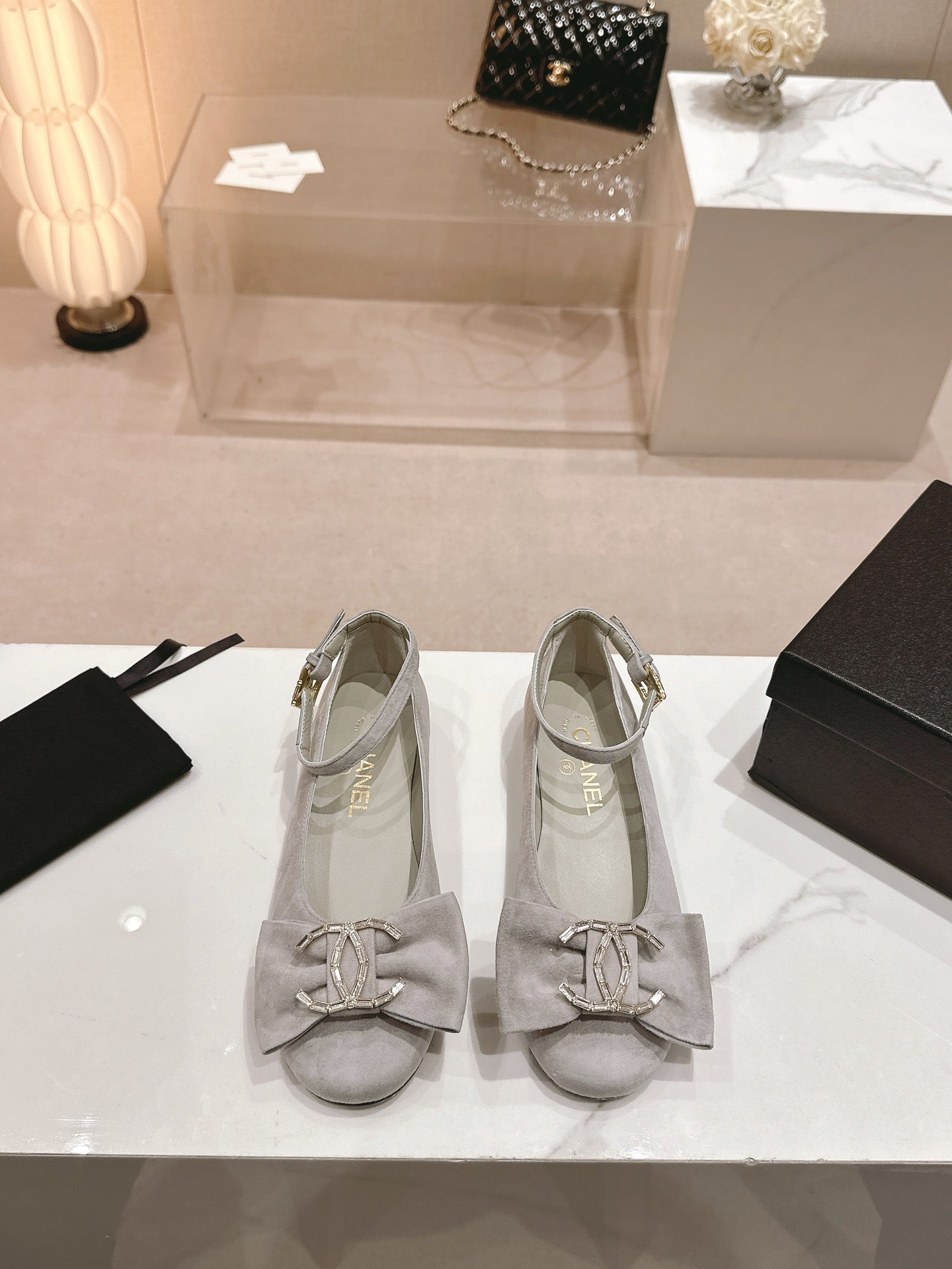 CC Mary Jane Grey Bow Tie Velvet And Lambskin