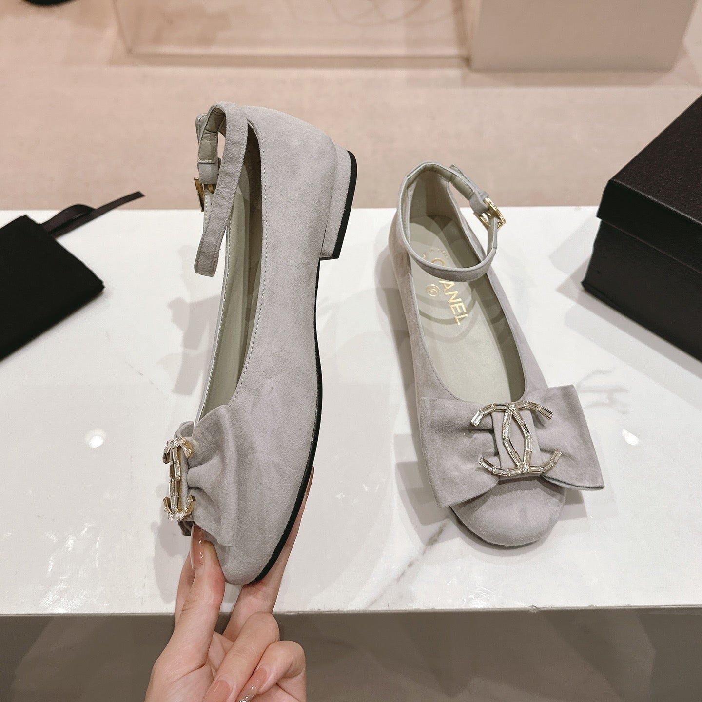 CC Mary Jane Grey Bow Tie Velvet And Lambskin