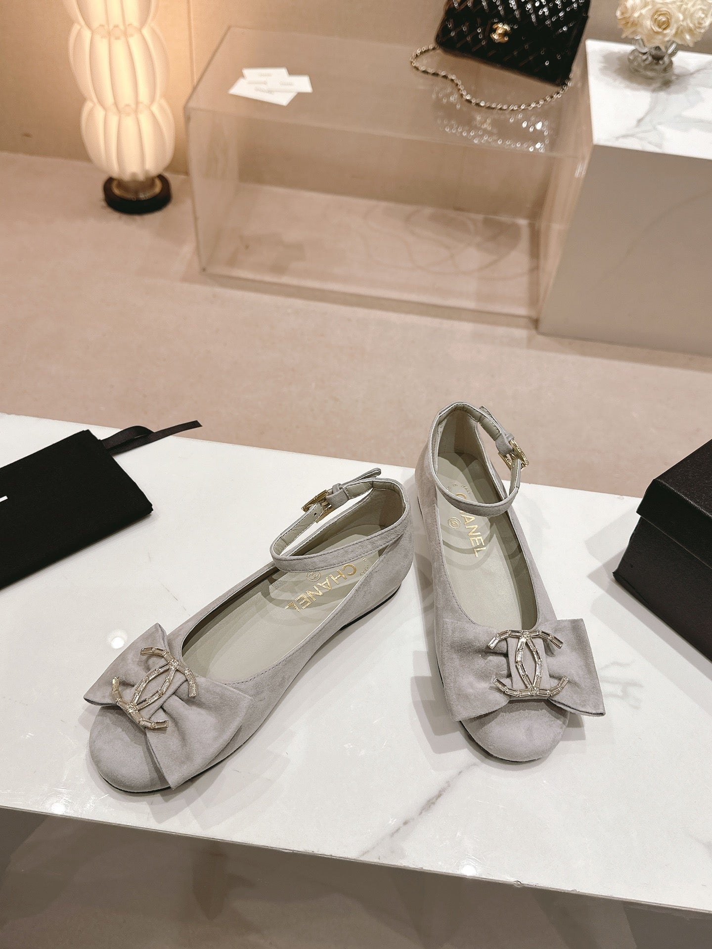 CC Mary Jane Grey Bow Tie Velvet And Lambskin