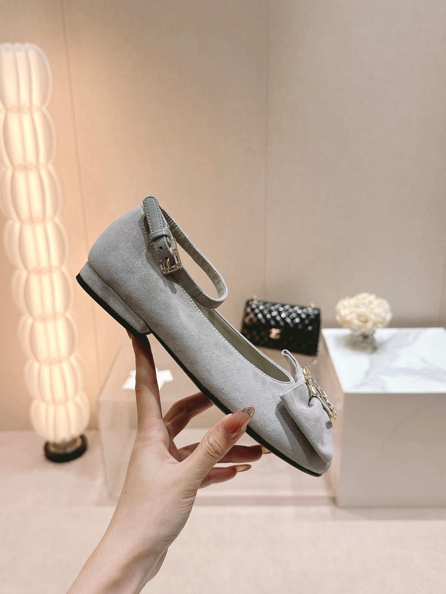 CC Mary Jane Grey Bow Tie Velvet And Lambskin