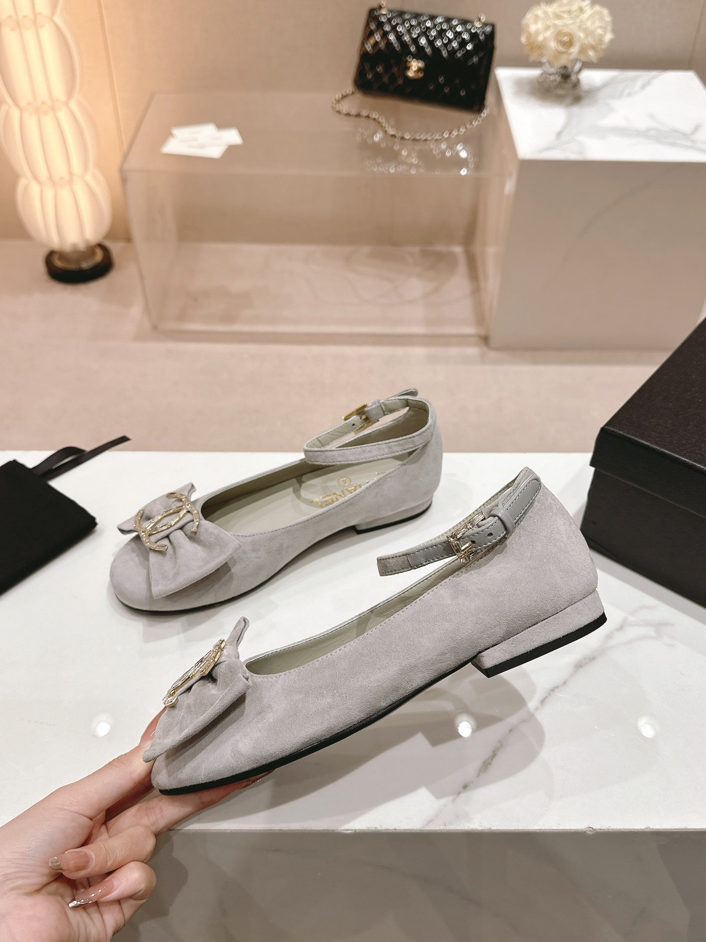 CC Mary Jane Grey Bow Tie Velvet And Lambskin