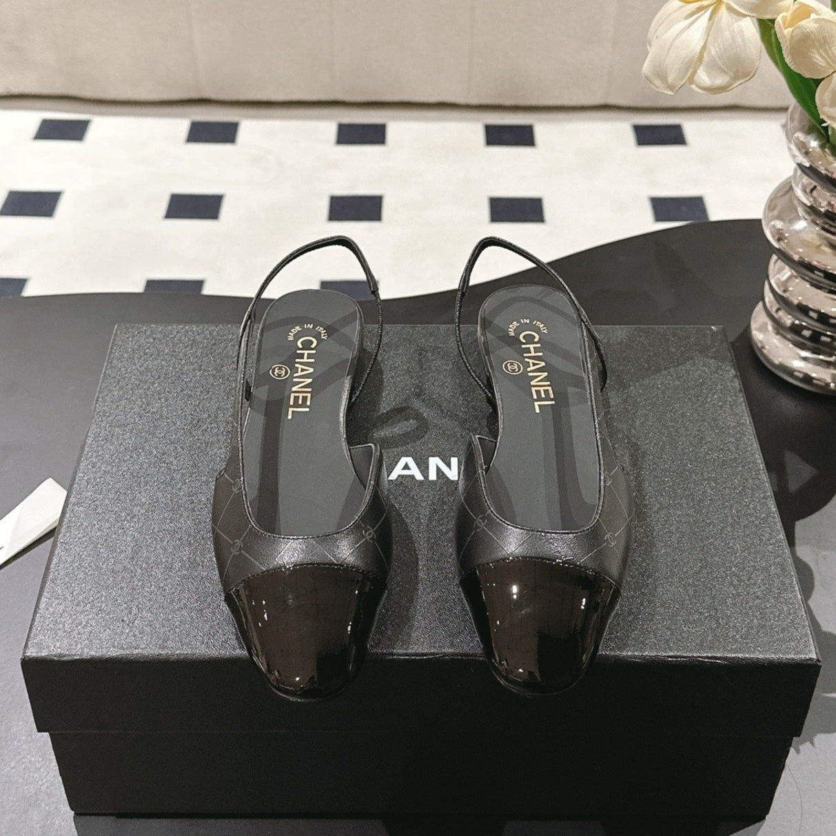 CC 25 Slingback Flats Black Embossed Leather 237492