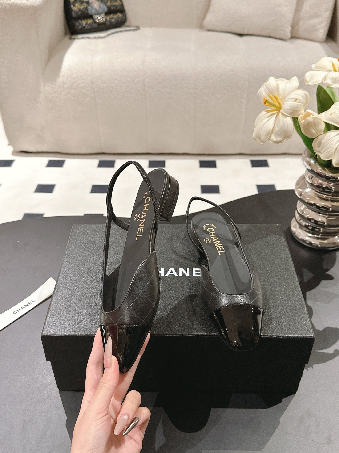 CC 25 Slingback Flats Black Embossed Leather 237492