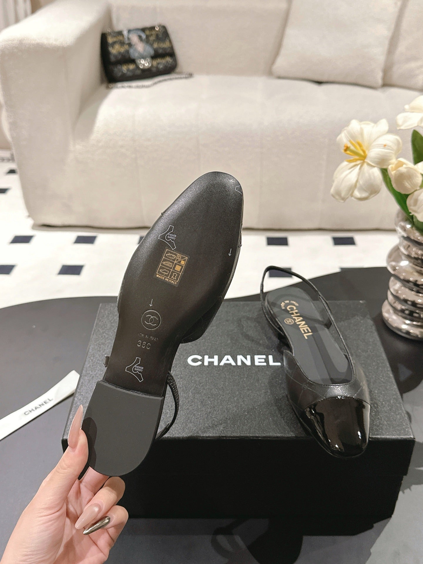 CC 25 Slingback Flats Black Embossed Leather 237492