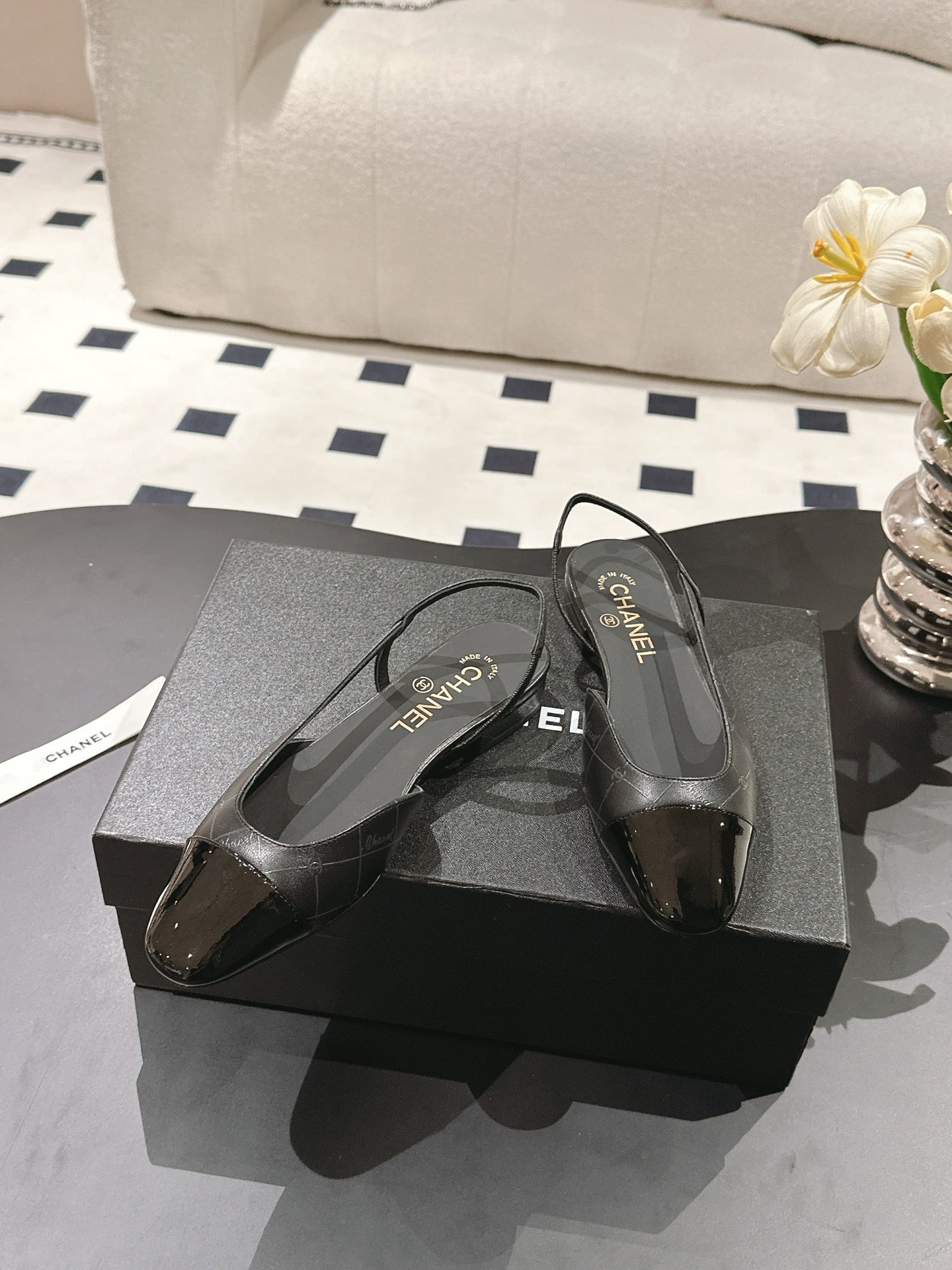 CC 25 Slingback Flats Black Embossed Leather 237492