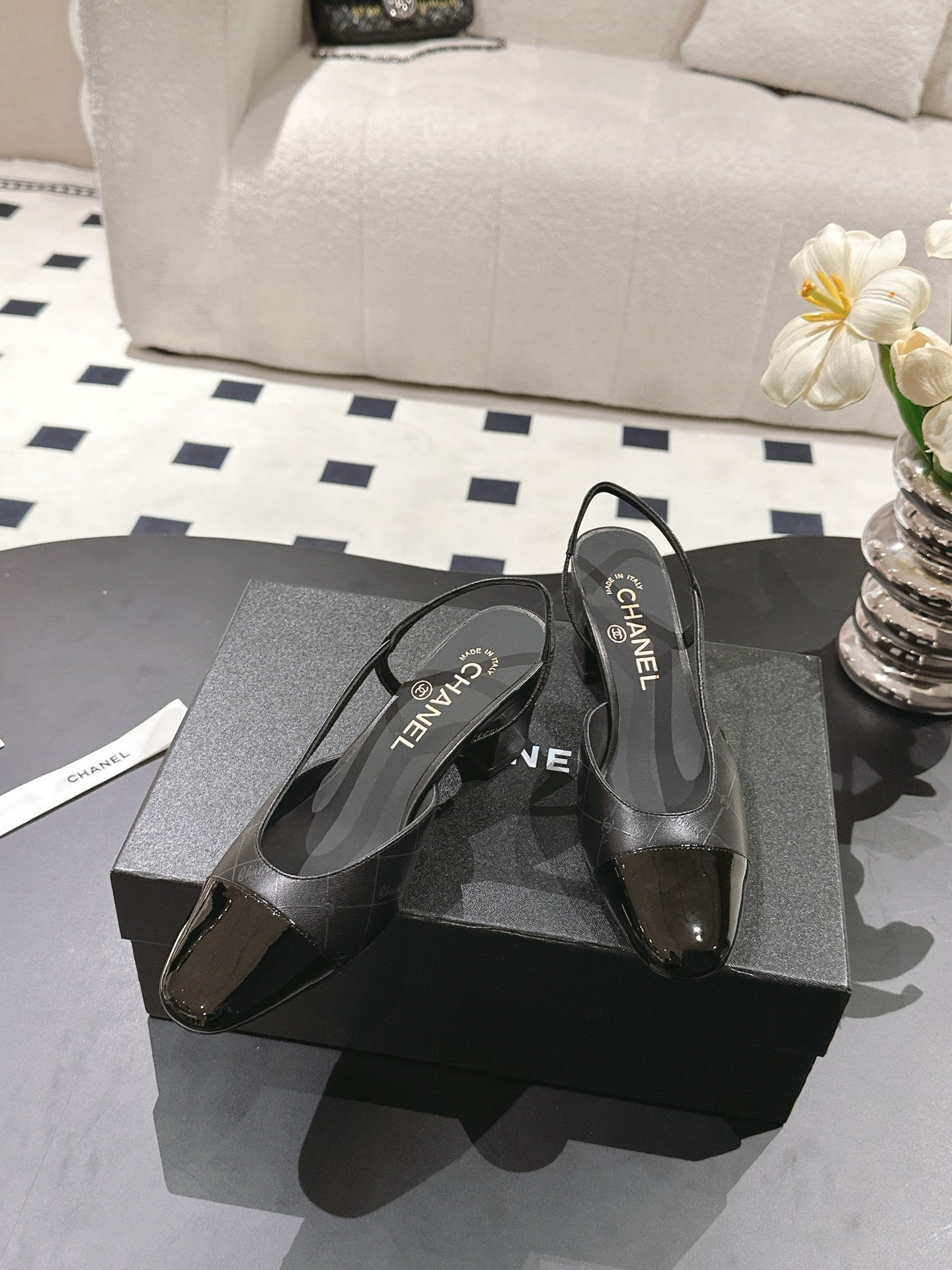 CC 25 Slingback Heel Black Embossed Leather 237494