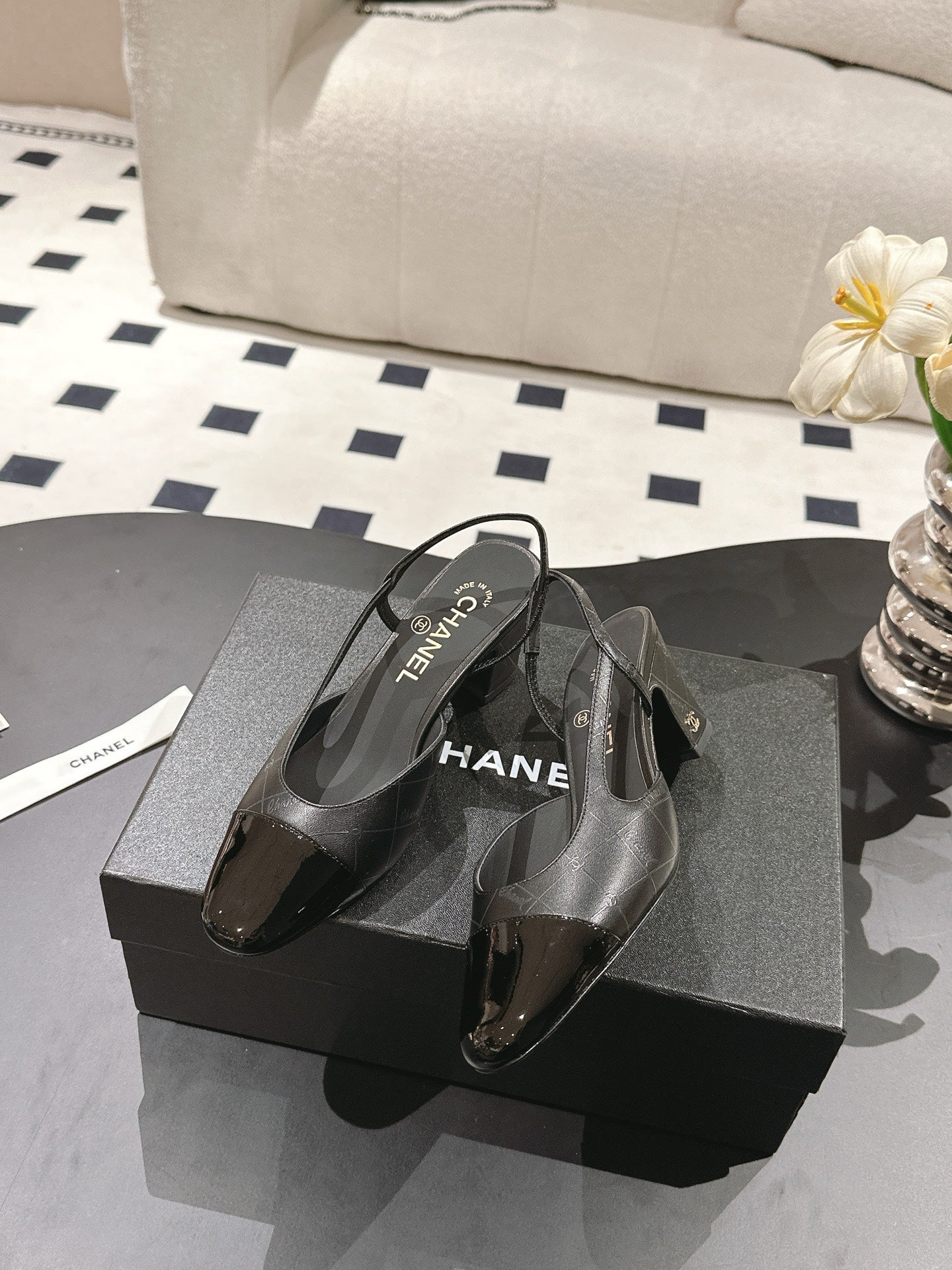 CC 25 Slingback Heel Black Embossed Leather 237494