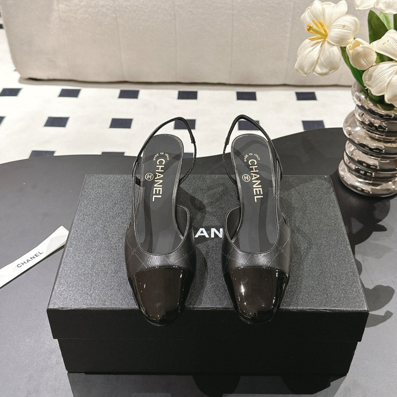 CC 25 Slingback Heel Black Embossed Leather 237494