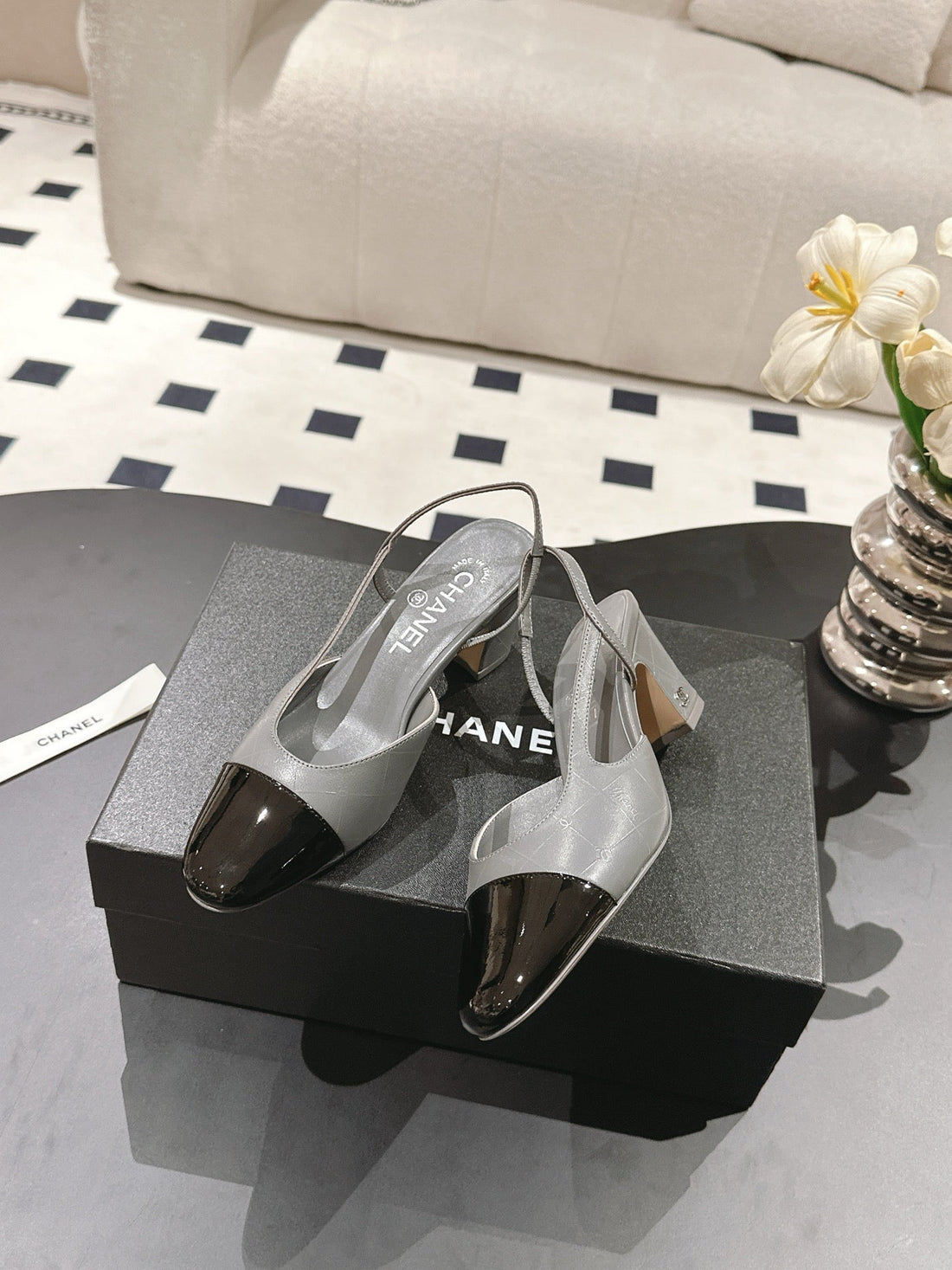 CC 25 Slingback Heel Gray Embossed Leather 237497