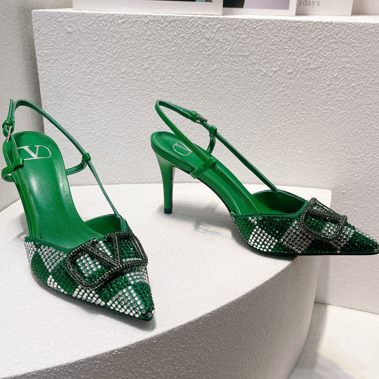 VT High Heeled Slingbacks Green Sheepskin 292818