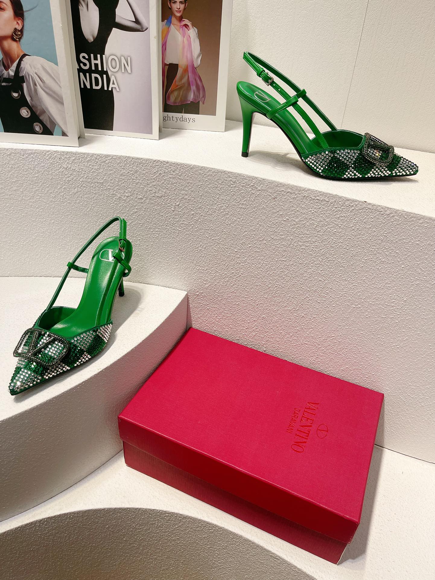 VT High Heeled Slingbacks Green Sheepskin 292818