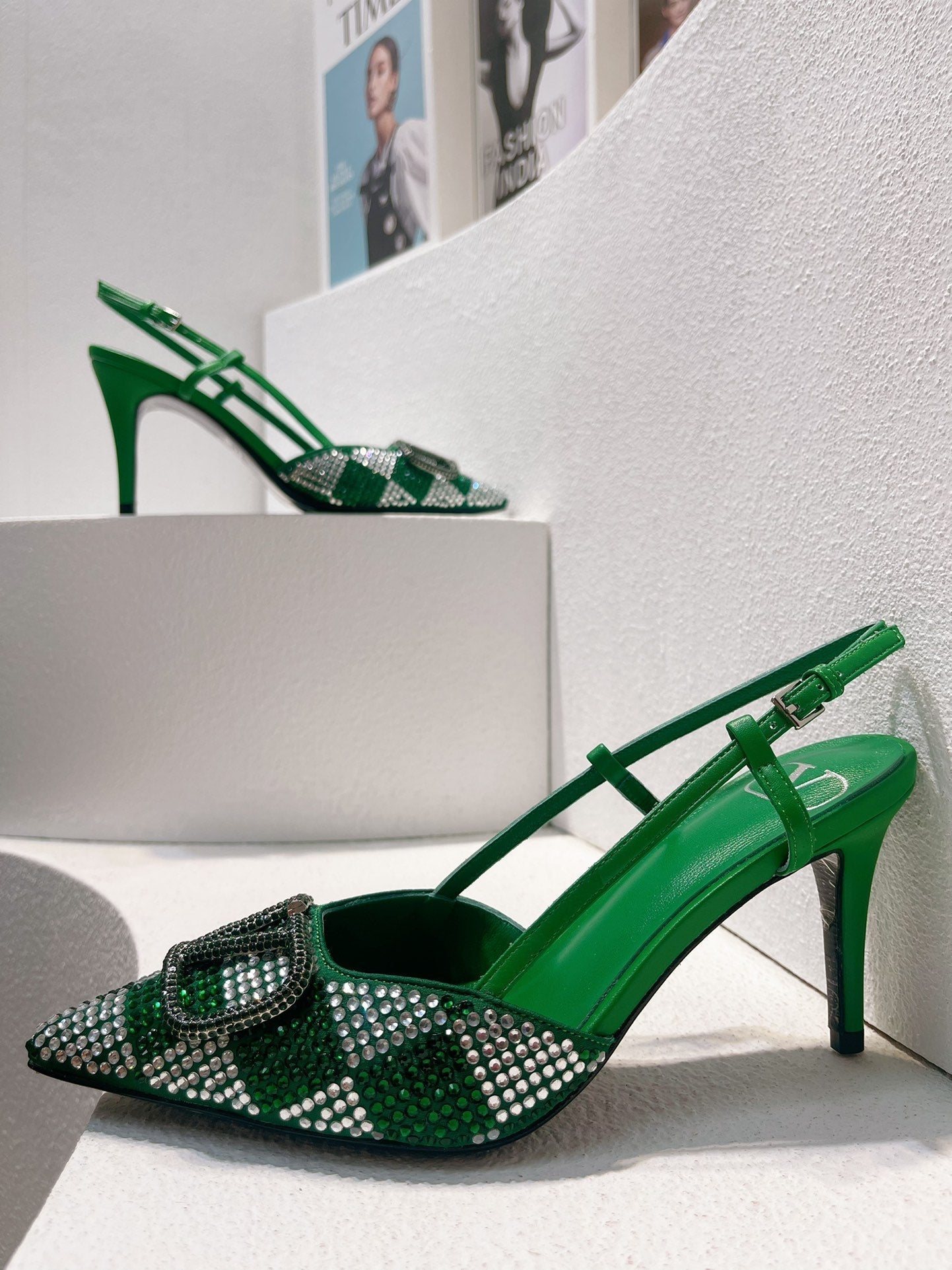 VT High Heeled Slingbacks Green Sheepskin 292818