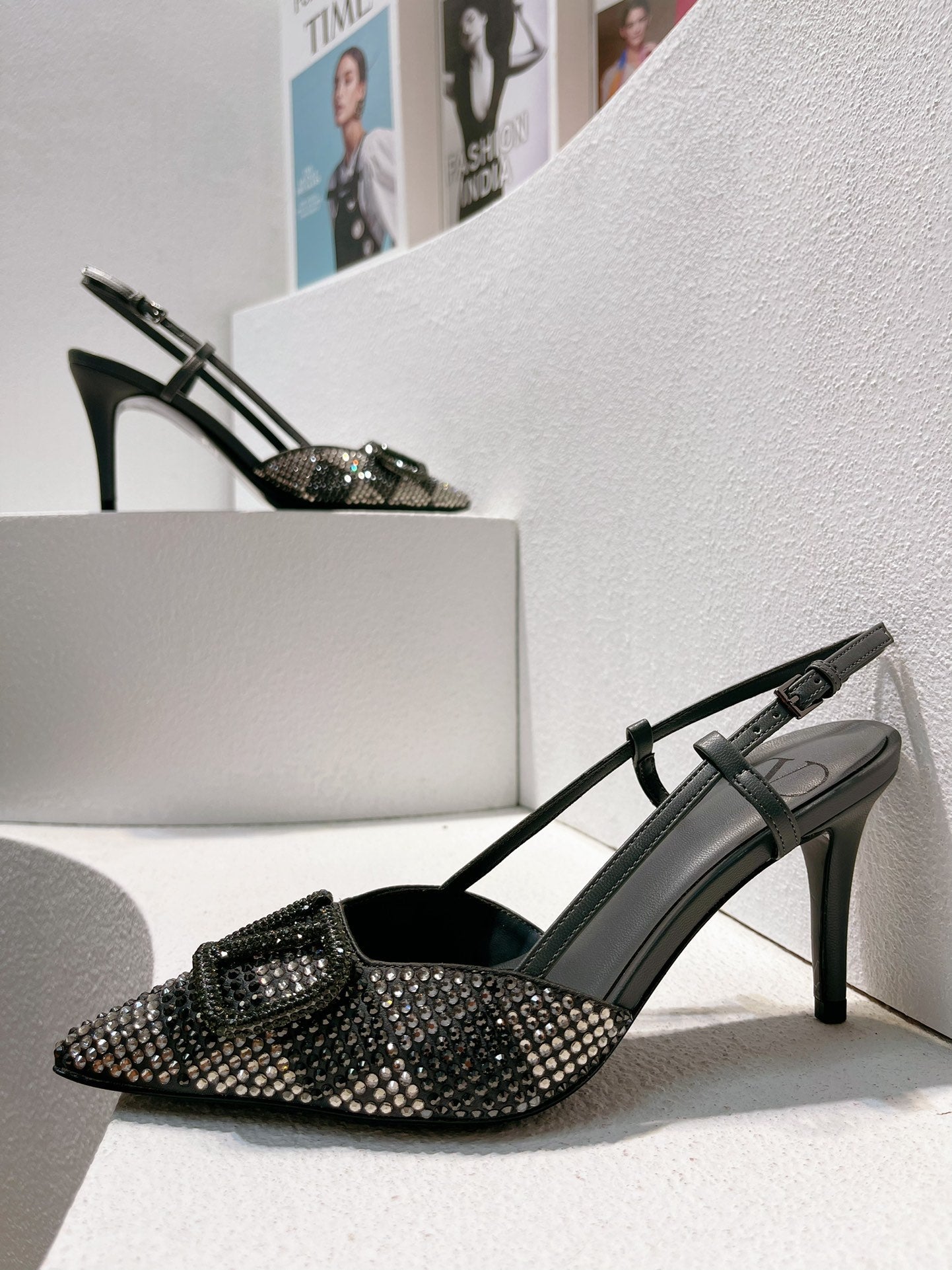 VT High Heeled Slingbacks  Charcoal black Sheepskin 292824