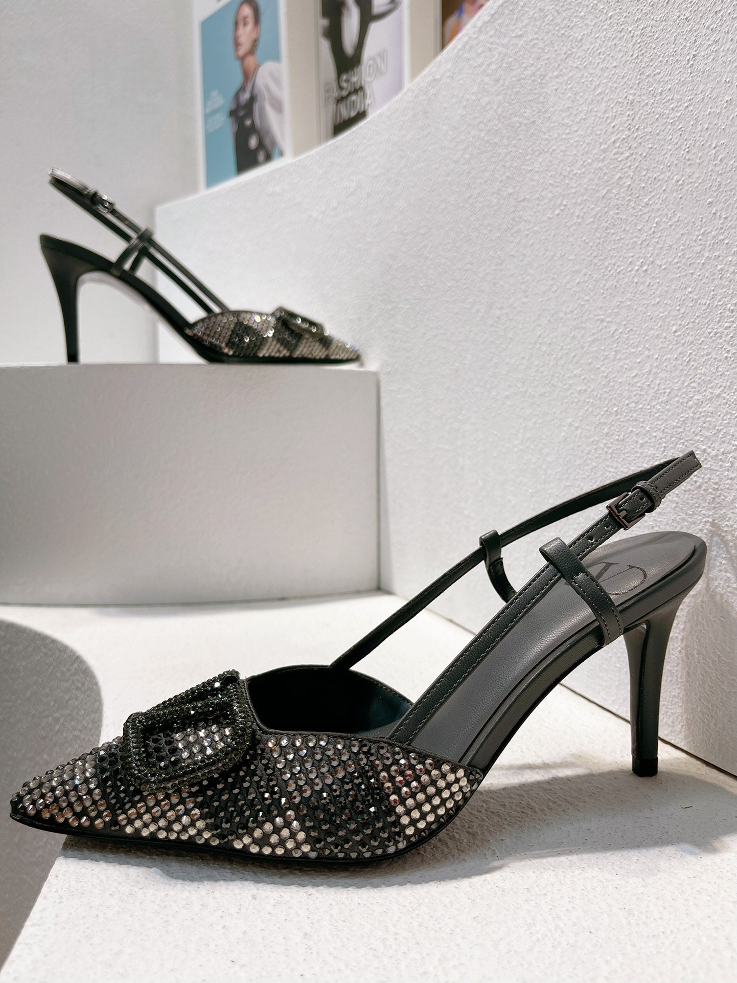 VT High Heeled Slingbacks  Charcoal black Sheepskin 292824