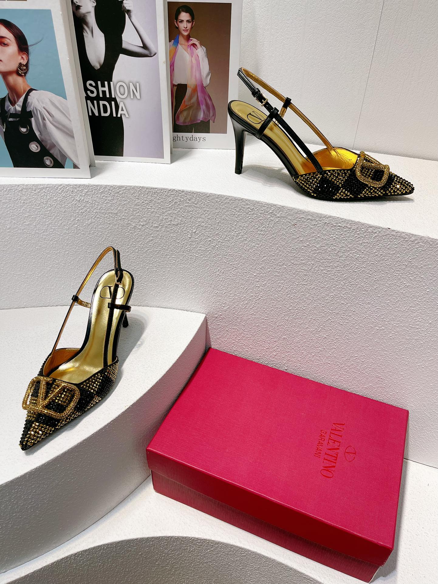 VT High Heeled Slingbacks  Black Gold Sheepskin 292827