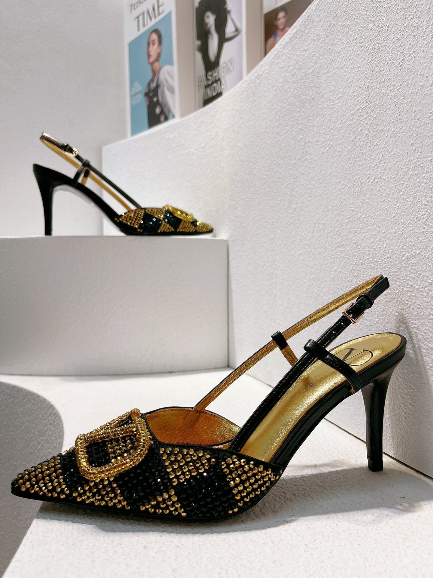 VT High Heeled Slingbacks  Black Gold Sheepskin 292827