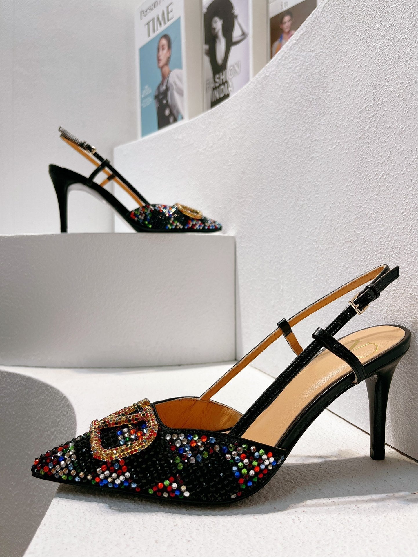 VT High Heeled Slingbacks Black Sheepskin 292828