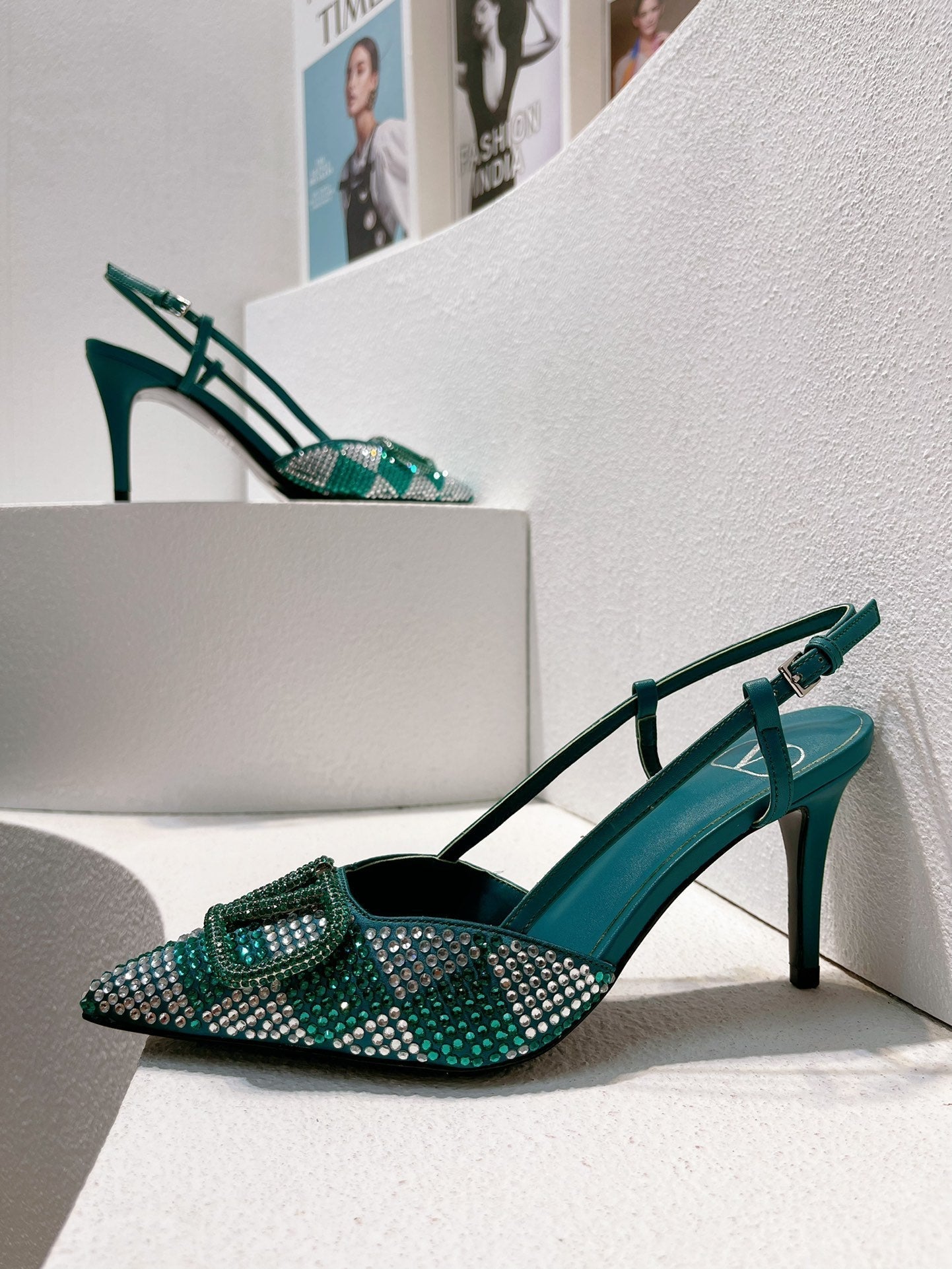 VT High Heeled Slingbacks  Emerald Green Sheepskin 292829