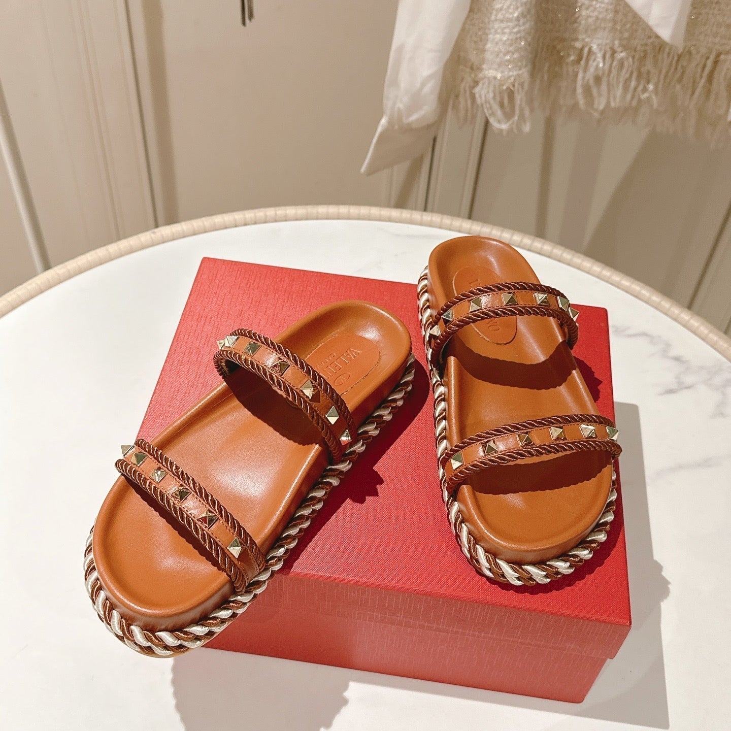 VT Rockstud Sandals Brown Espadrilles Cowhide 328127