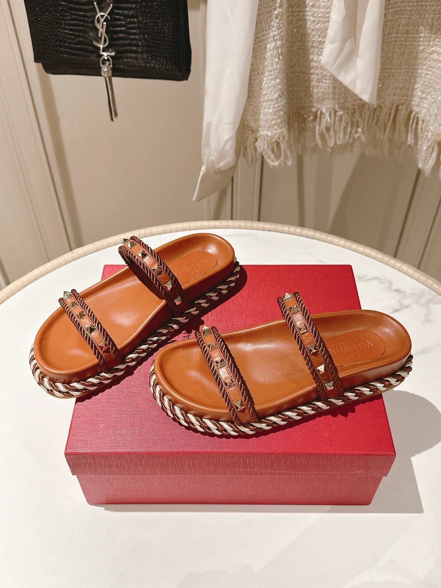 VT Rockstud Sandals Brown Espadrilles Cowhide 328127