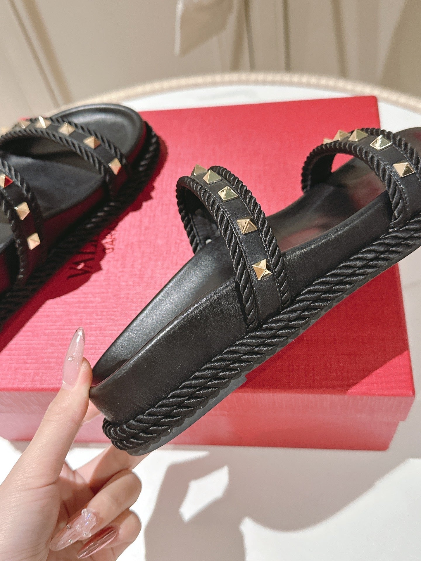 VT Rockstud Sandals Black Espadrilles Cowhide 328131