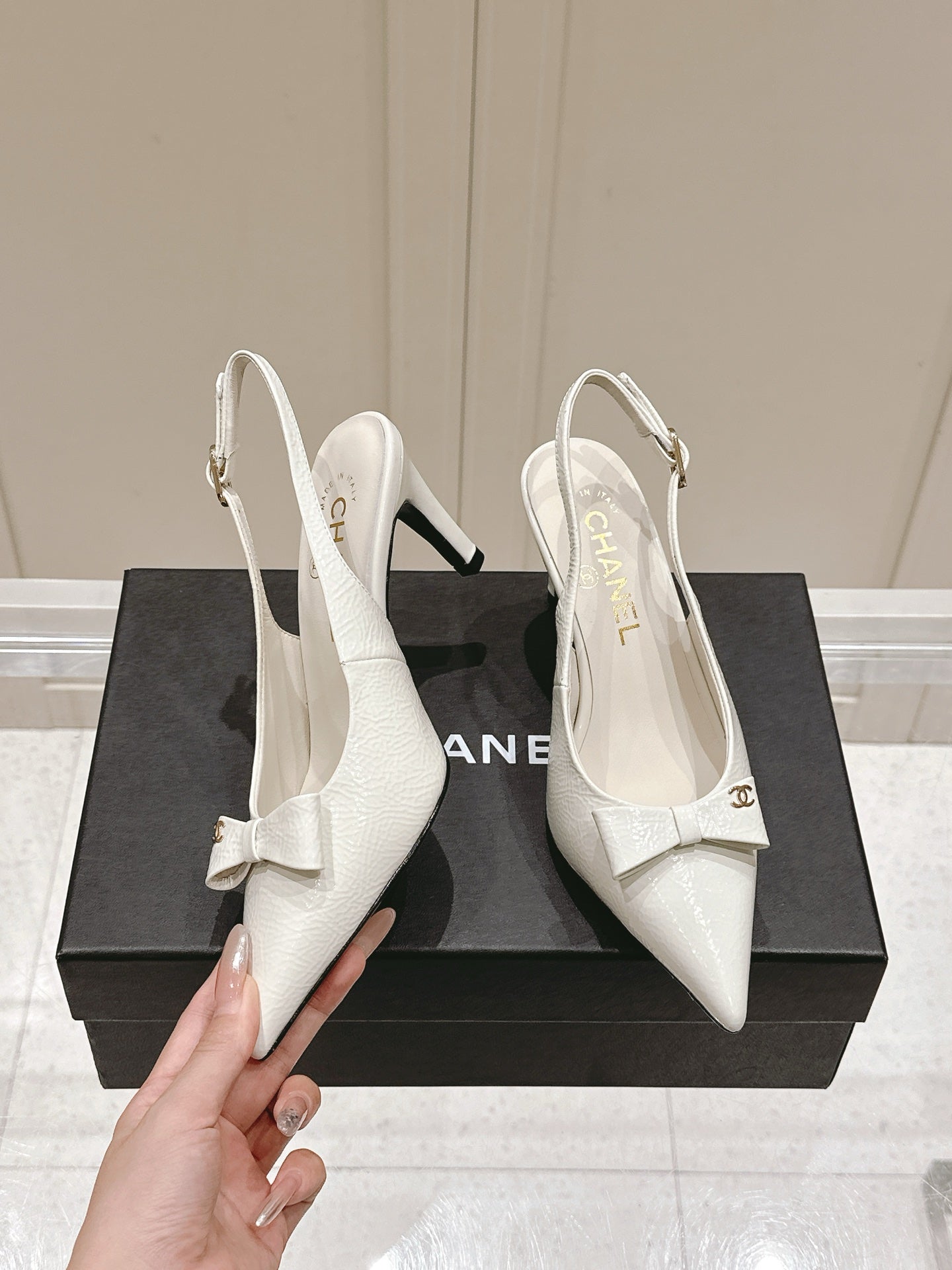 Chanel 25A Slingback White Patent  Calfskin 393072