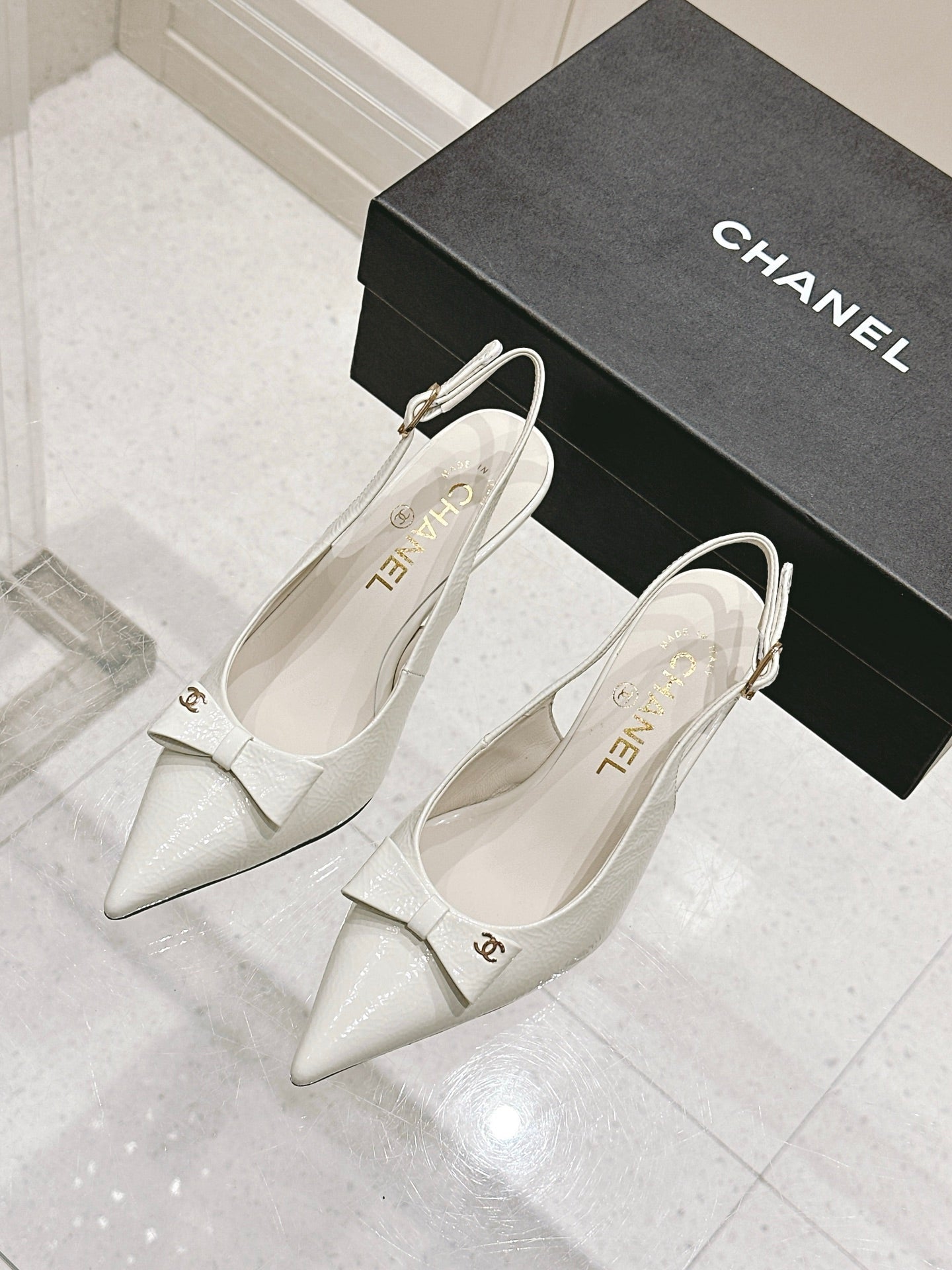 Chanel 25A Slingback White Patent  Calfskin 393072