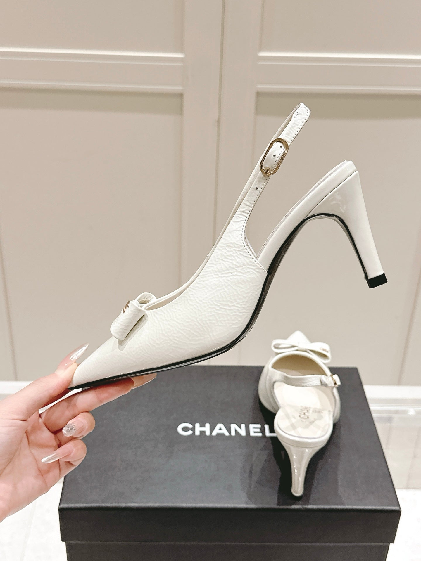 Chanel 25A Slingback White Patent  Calfskin 393072