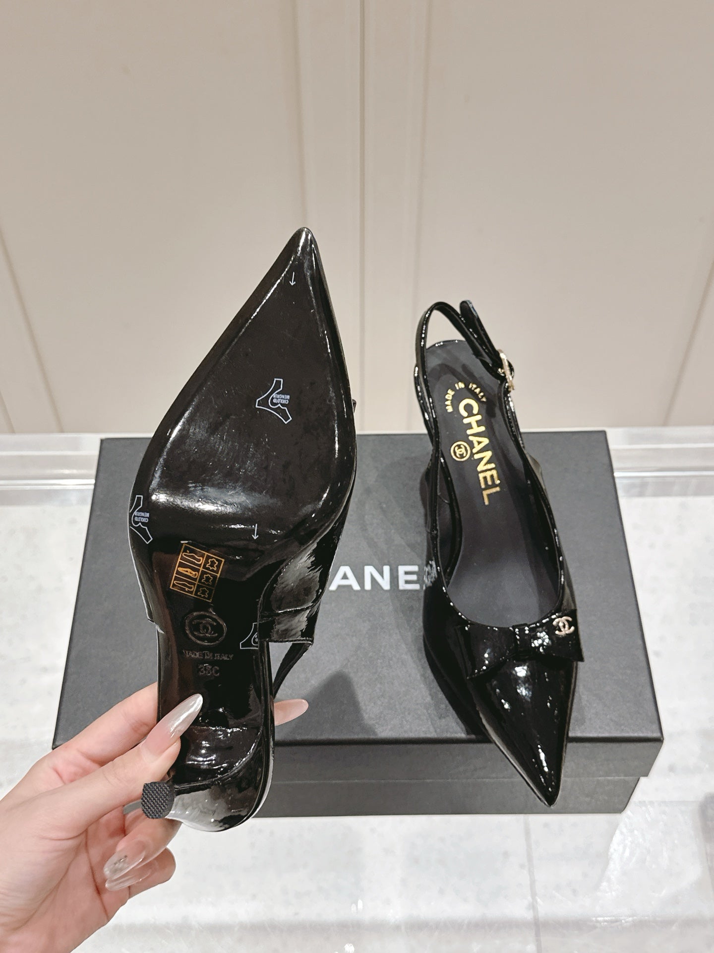 Chanel 25A Slingback Black Patent  Calfskin 393073