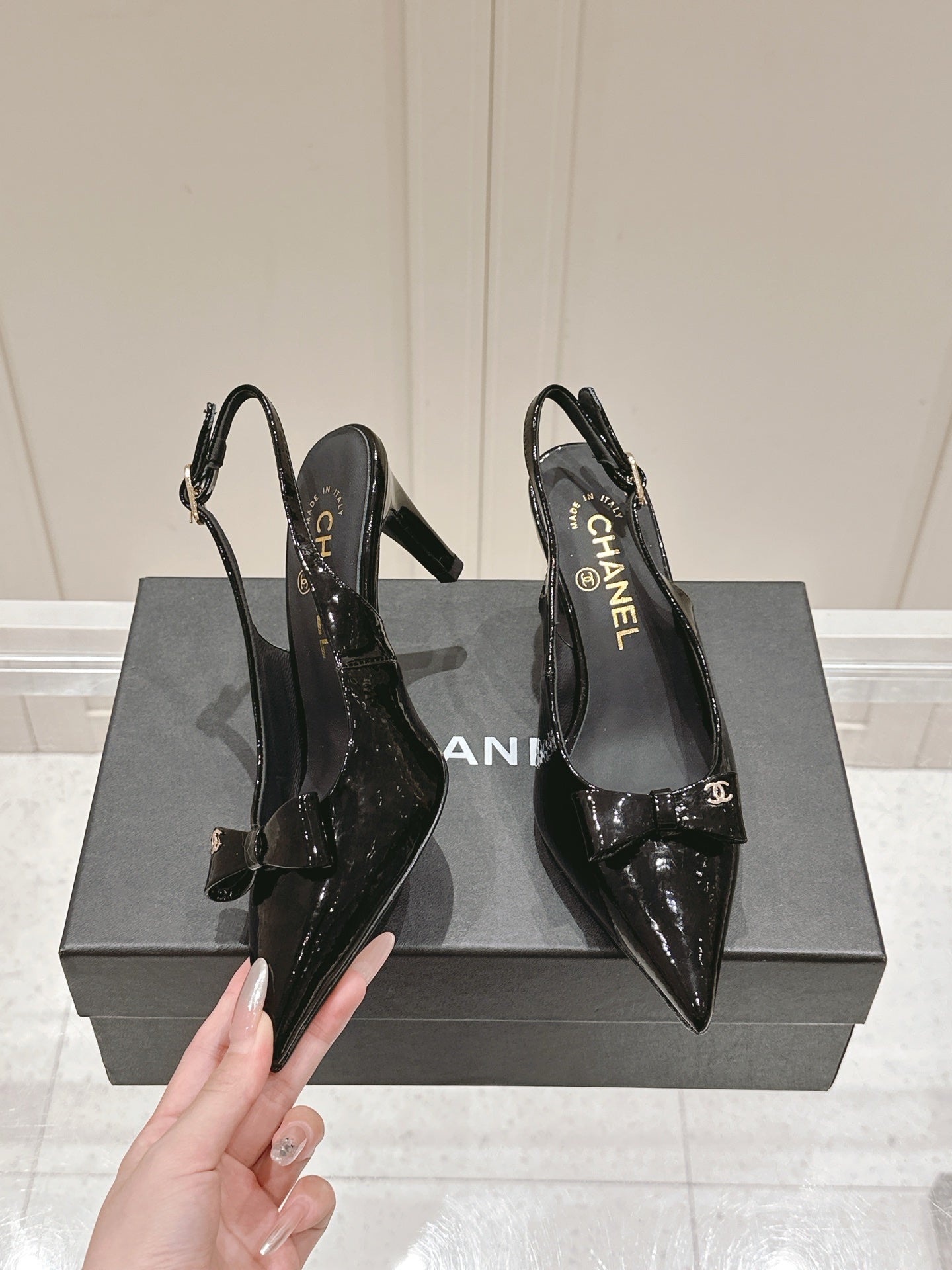 Chanel 25A Slingback Black Patent  Calfskin 393073