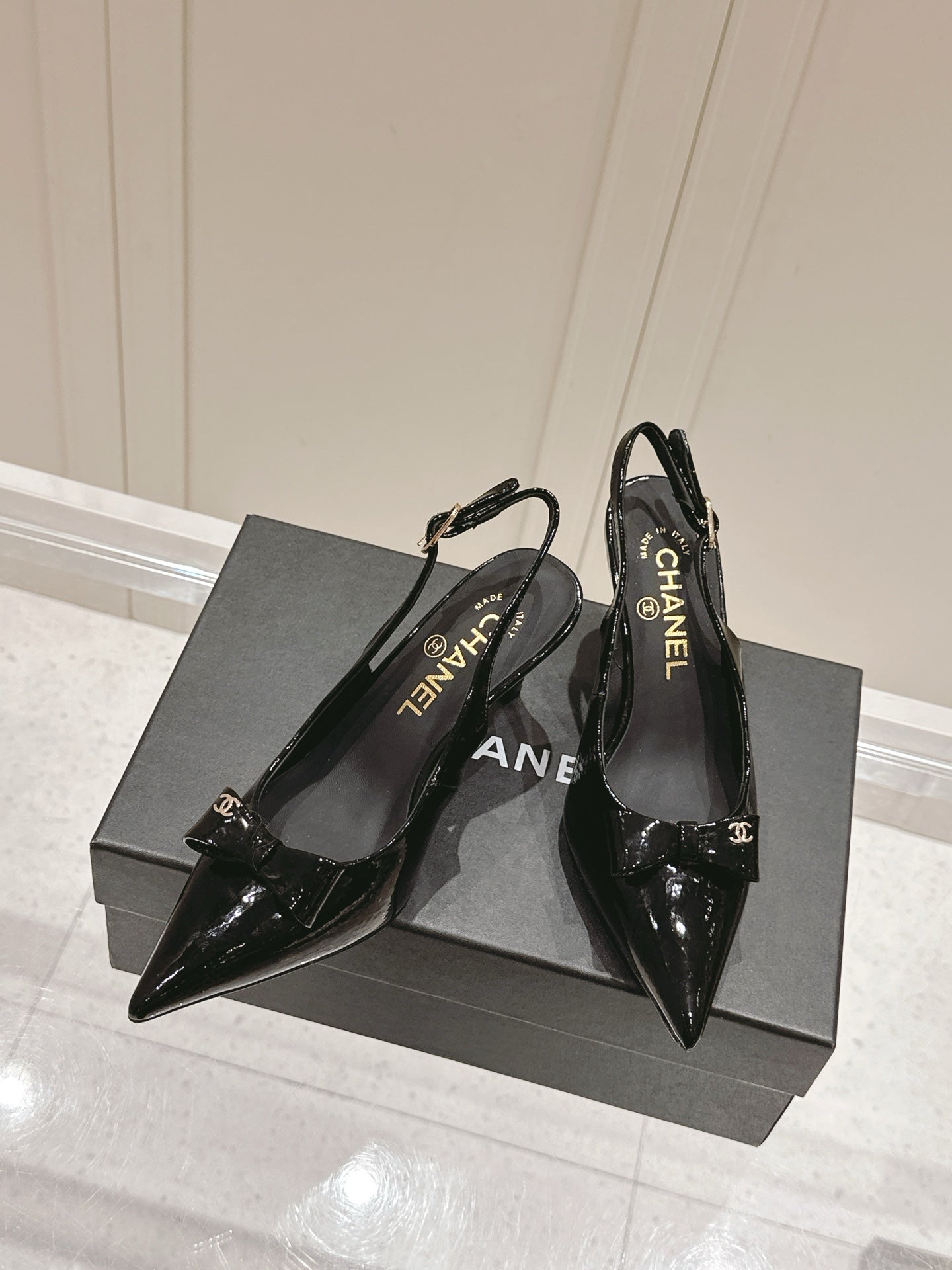 Chanel 25A Slingback Black Patent  Calfskin 393073