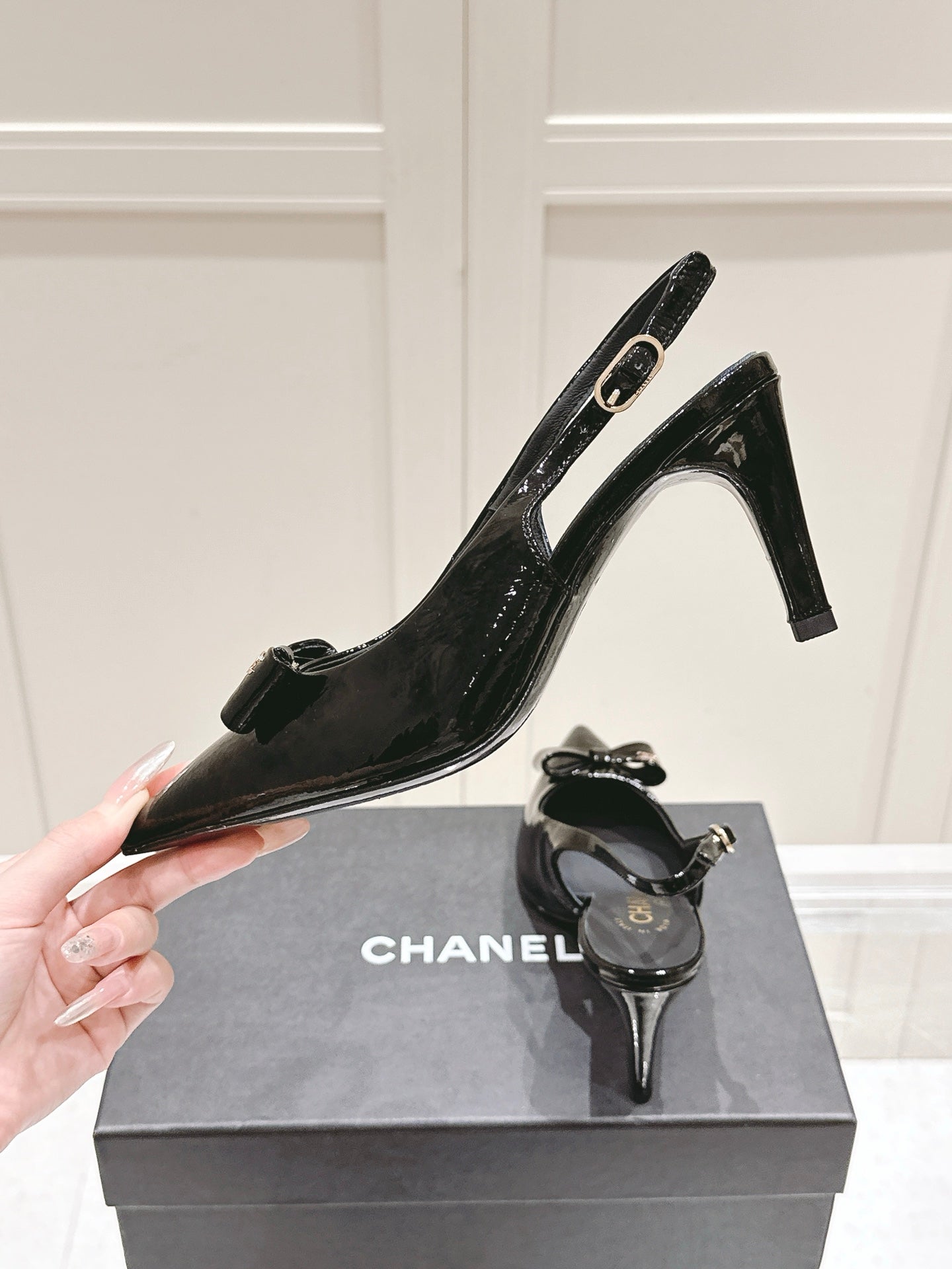 Chanel 25A Slingback Black Patent  Calfskin 393073