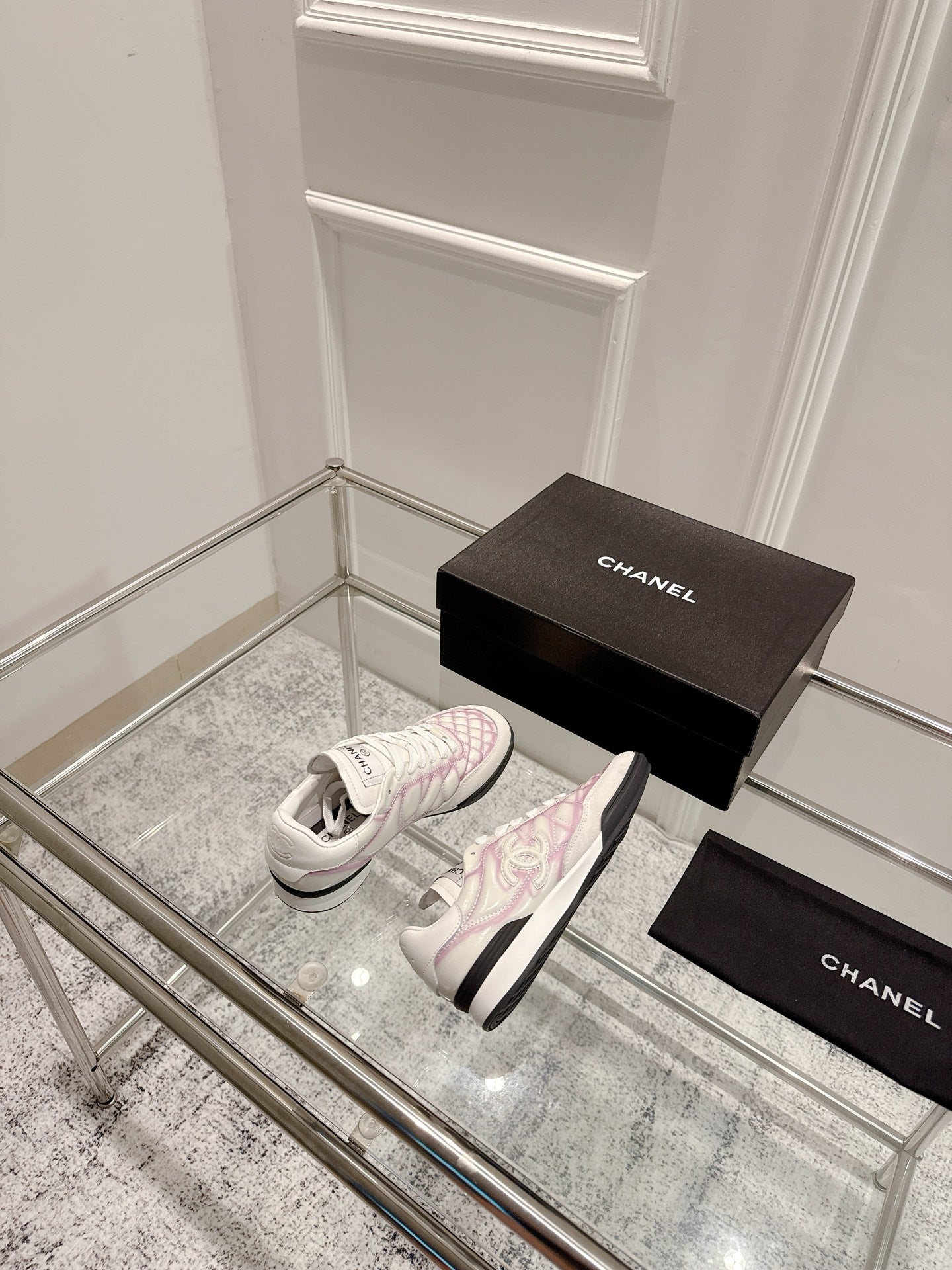 Chanel 25A Sports Shoes White Black Mix Pink Sheepskin 393113