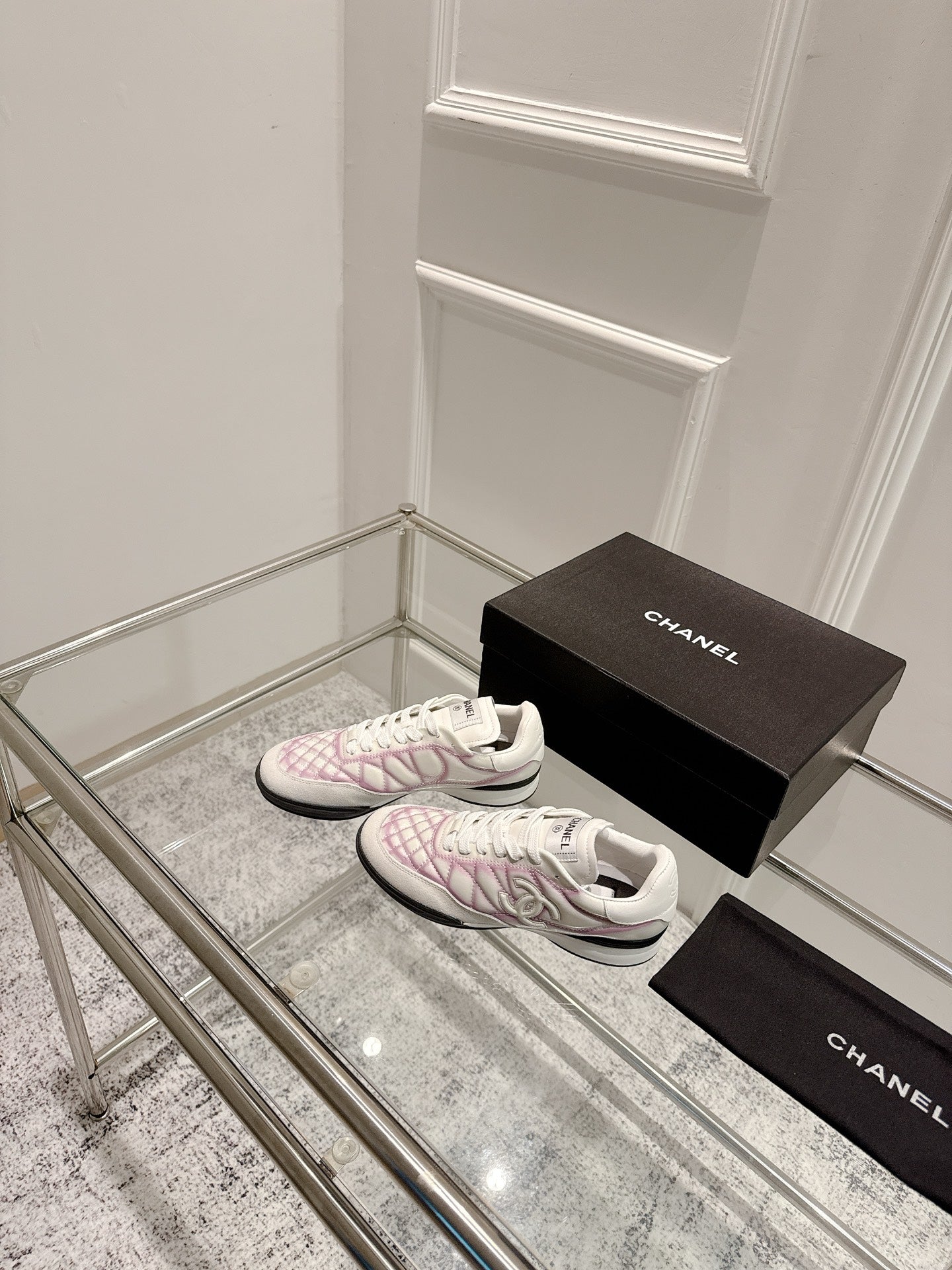 Chanel 25A Sports Shoes White Black Mix Pink Sheepskin 393113