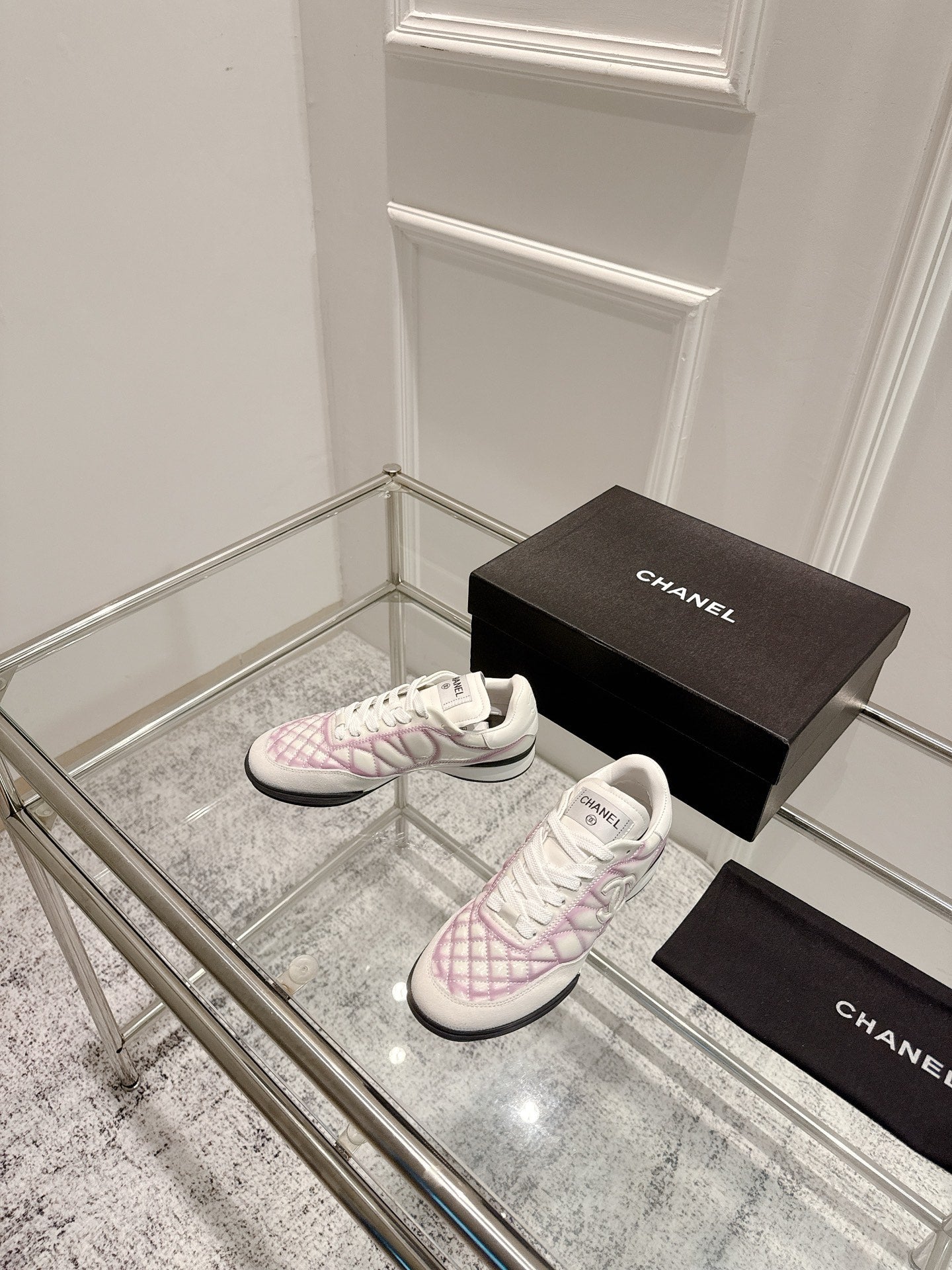 Chanel 25A Sports Shoes White Black Mix Pink Sheepskin 393113
