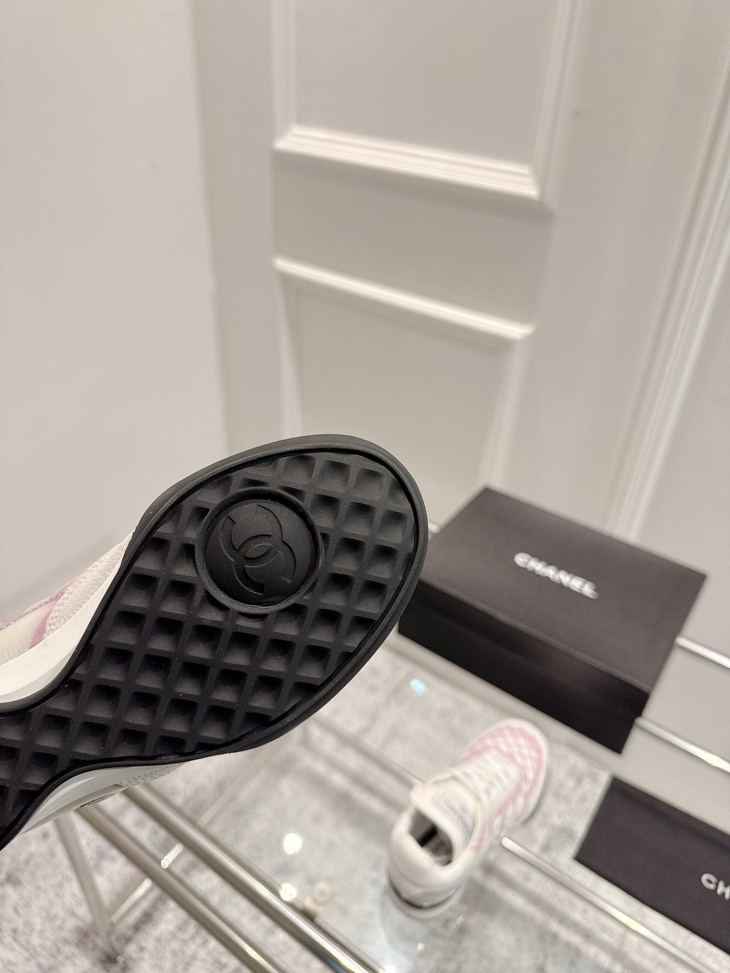 Chanel 25A Sports Shoes White Black Mix Pink Sheepskin 393113